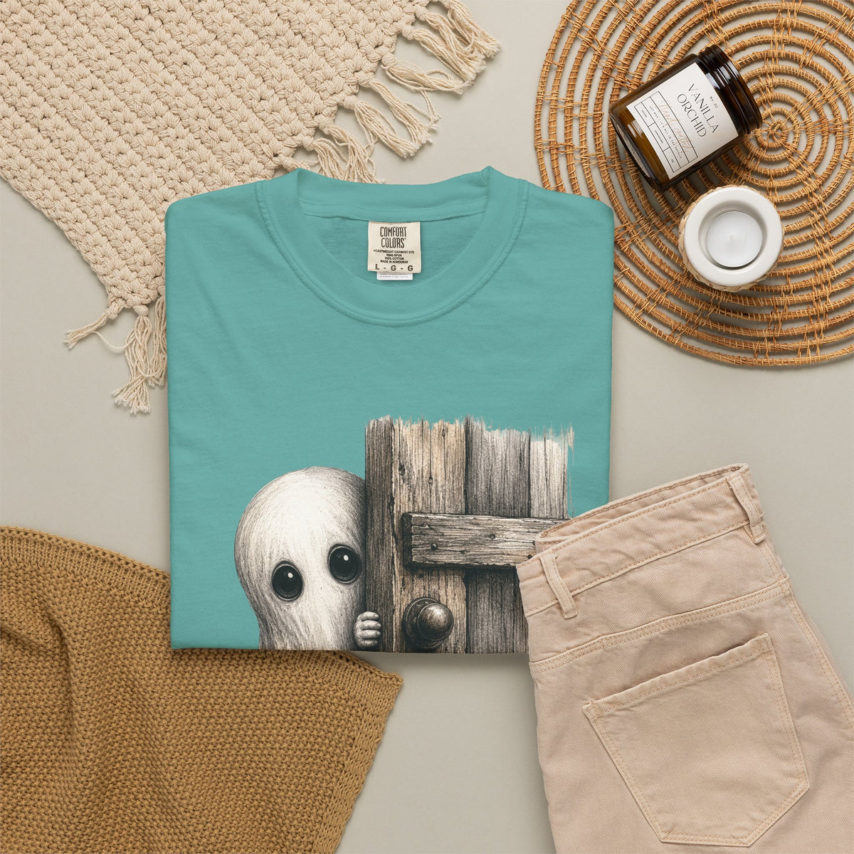 Ghost Peeking Behind Door Tee Shirt Cute Spooky Halloween Tee