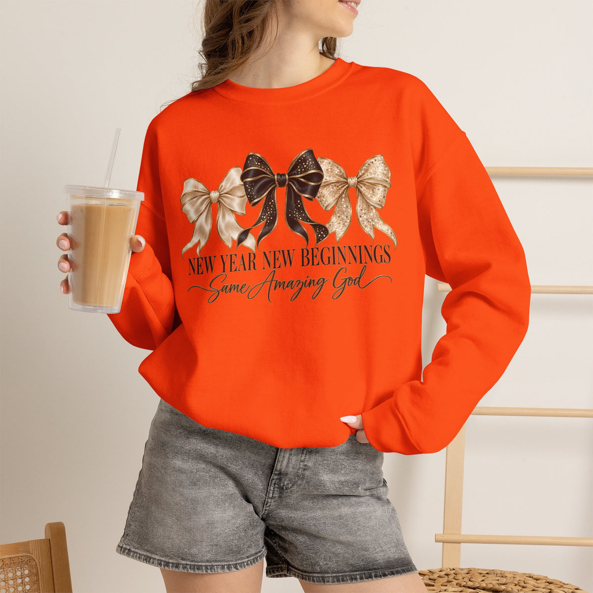 Christian New Year Sweatshirt, New Year New Beginnings Same Amazing God, Coquette Bow Crewneck, Faith Based New Years Eve Outfit, Christian