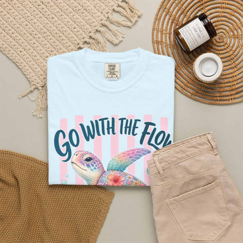 T-Shirt Go With The Flow Floral Sea Turtle Graphic Tee