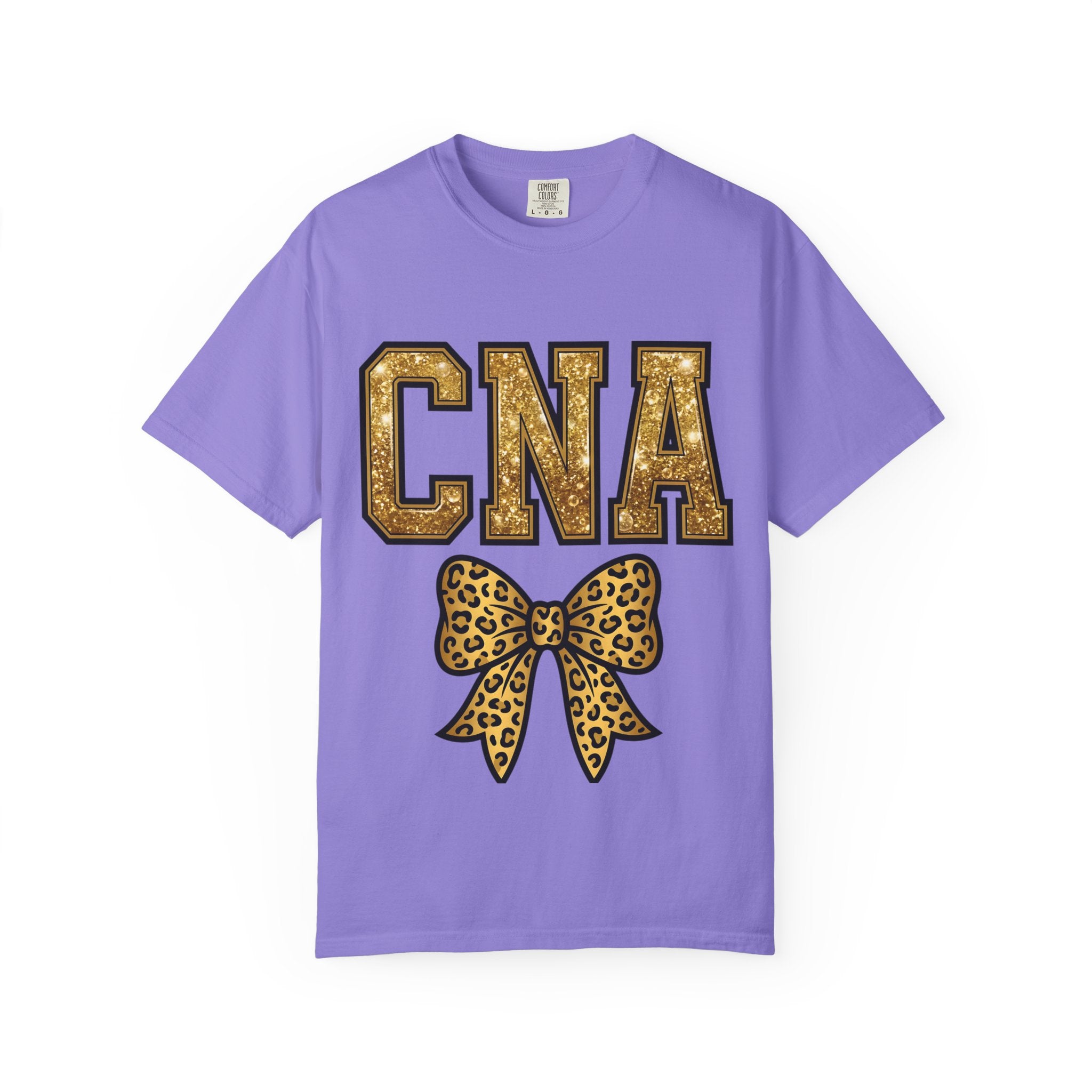 CNA Leopard Bow T Shirt Sparkle Gold Nurse Aide Tee