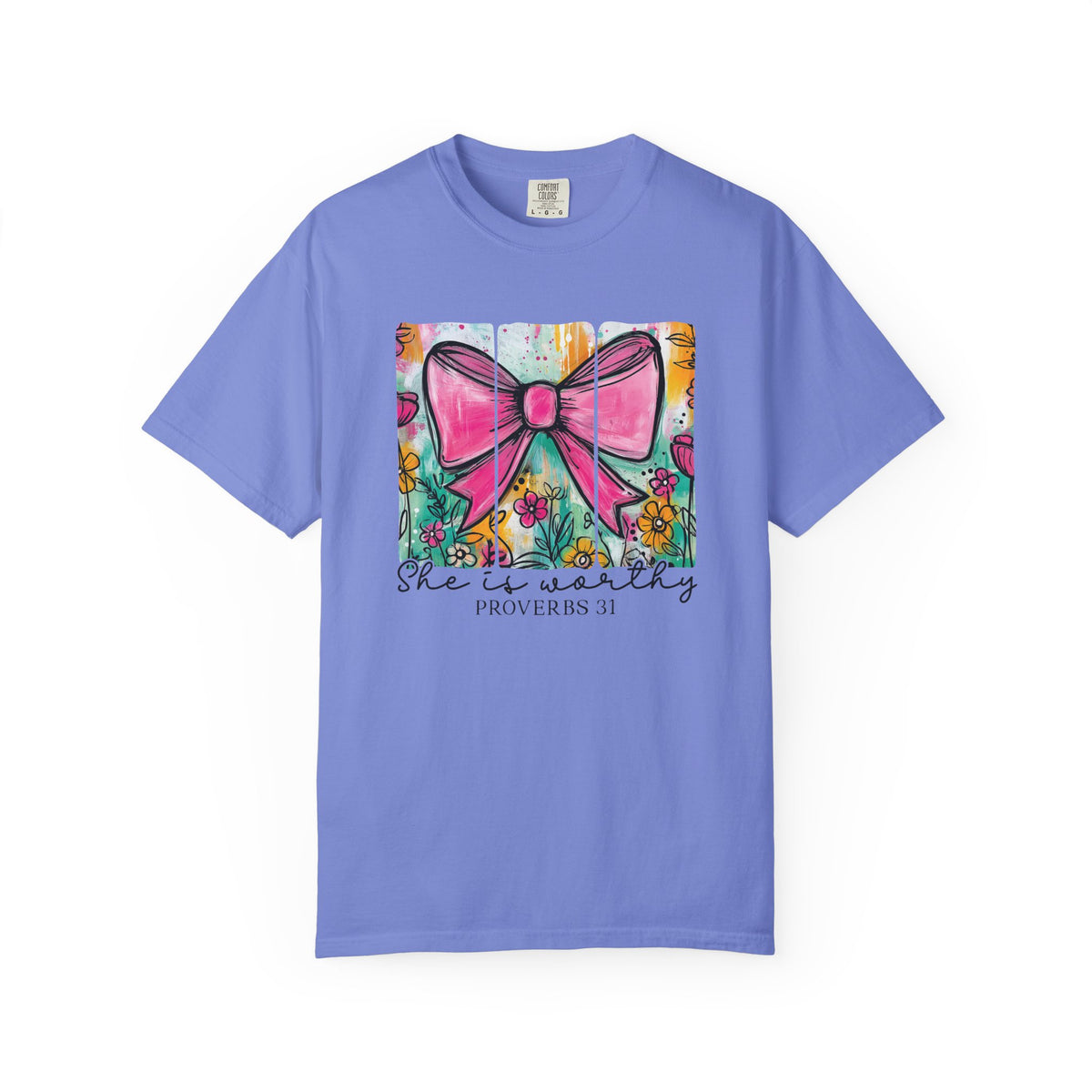 Pink Bow Floral Illustration Tee Shirt | She is Worthy Proverbs 31 Christian Tee