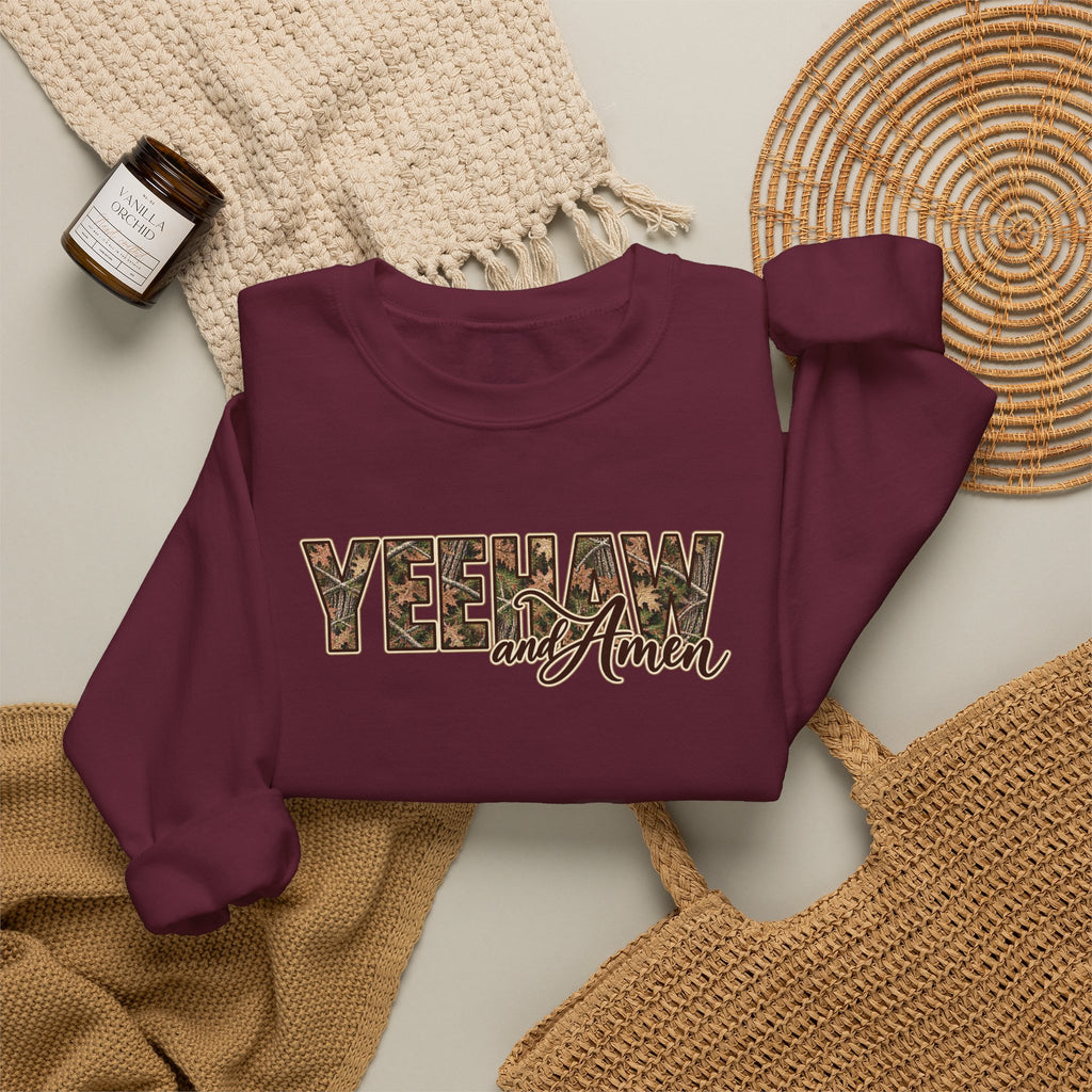 Yeehaw and Amen Camo Sweatshirt, Southern Christian Shirt, Western Cowgirl Sweatshirt, Country Faith Gift, Rustic Graphic Tee
