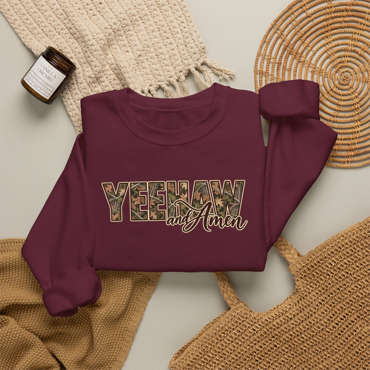 Yeehaw and Amen Camo Sweatshirt, Southern Christian Shirt, Western Cowgirl Sweatshirt, Country Faith Gift, Rustic Graphic Tee