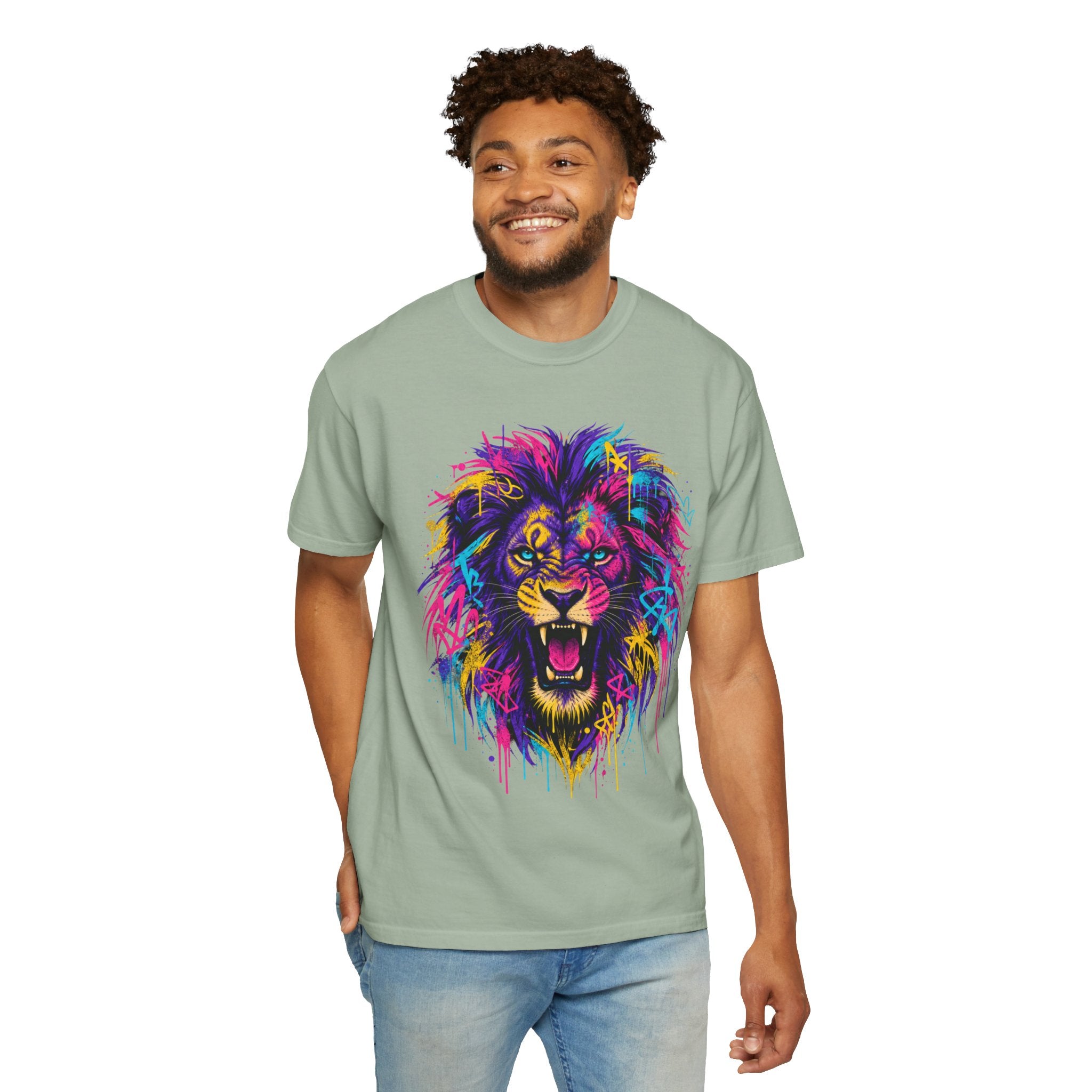 Colorful Roaring Lion T Shirt Vibrant Neon Animal Graphic Tee