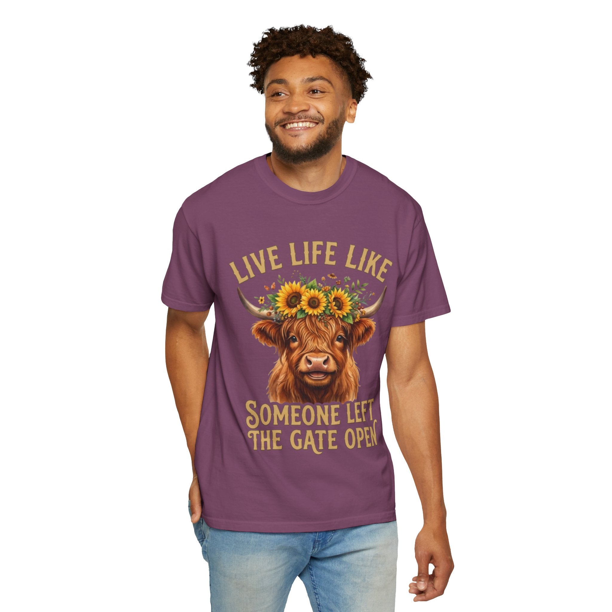 Live Life Like Someone Left the Gate Open Cow TShirt Sunflower Highland Cattle Tee
