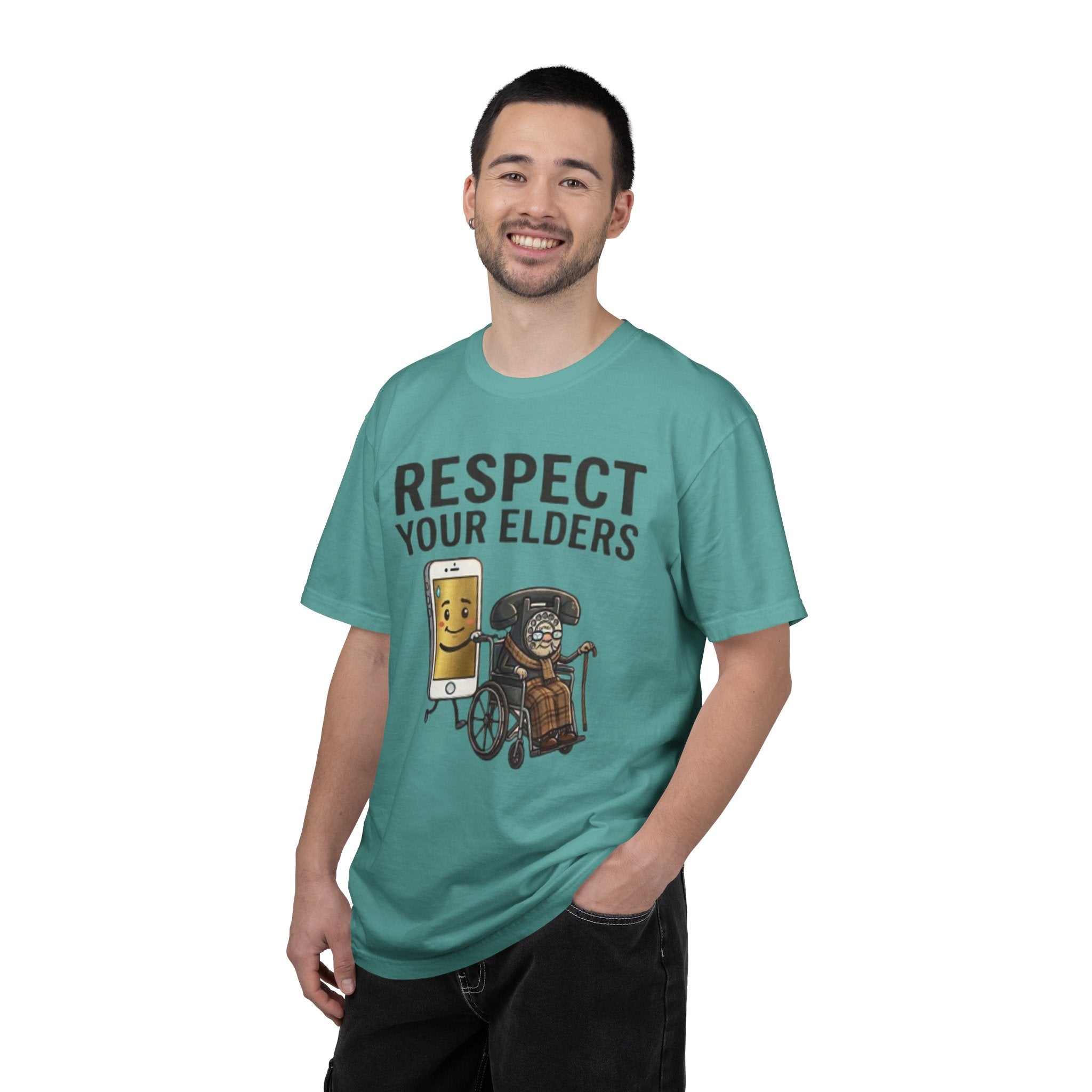 Respect Your Elders T-Shirt  Funny Retro Phone and Wheelchair Graphic Tee