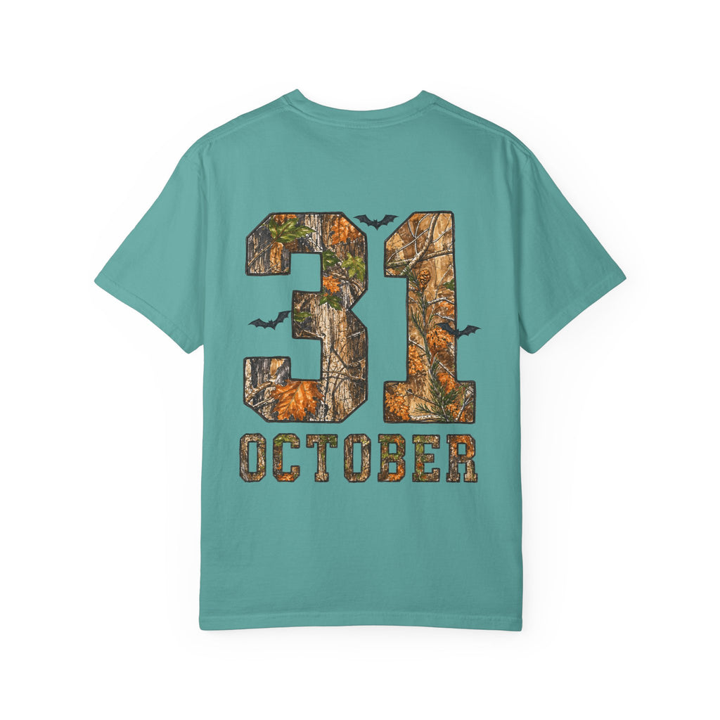 Halloween Ghost Treehouse T-Shirt Front and Back 31 October Camo Pumpkin Tee