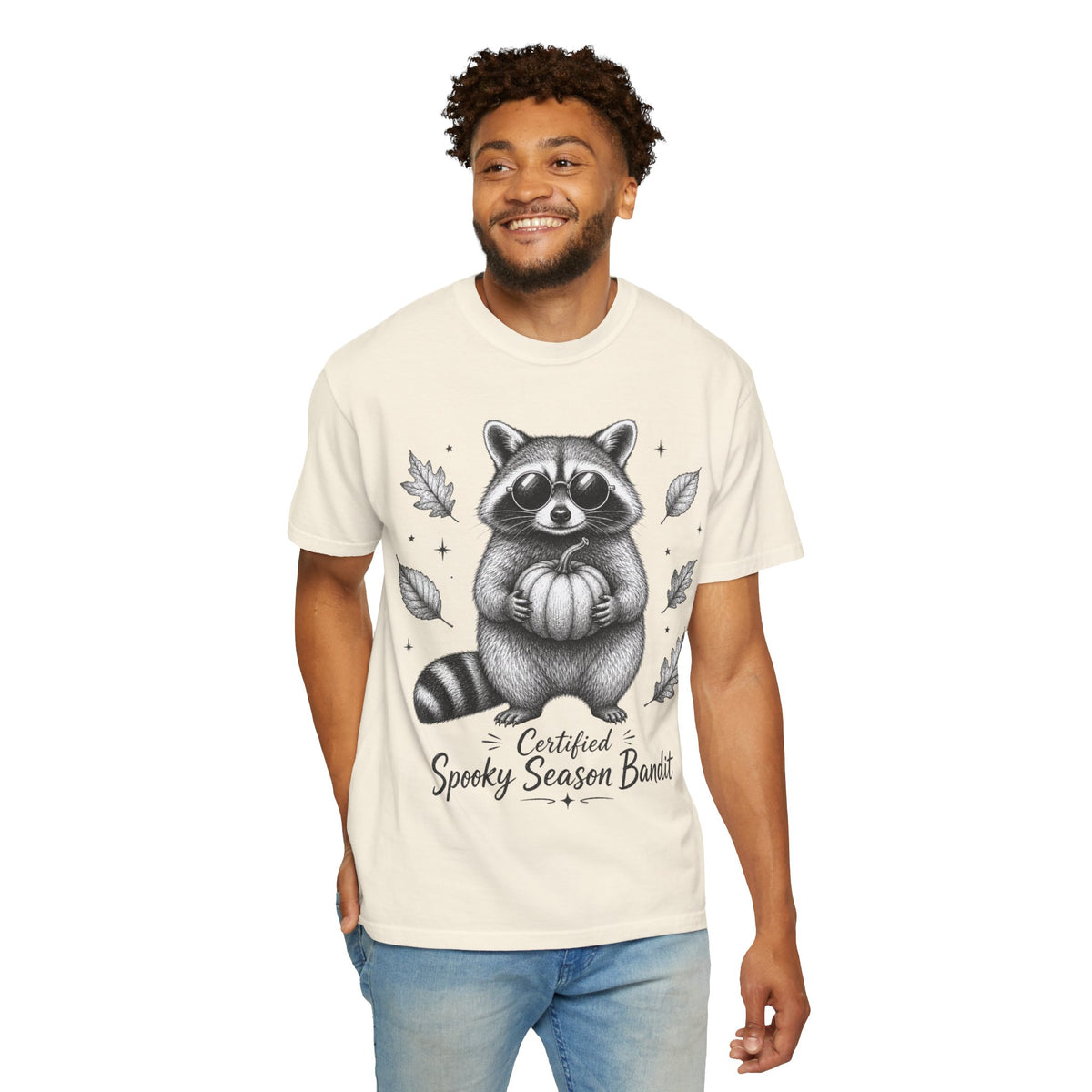 Spooky Season Bandit T Shirt Cute Raccoon Holding Pumpkin Fall Tee