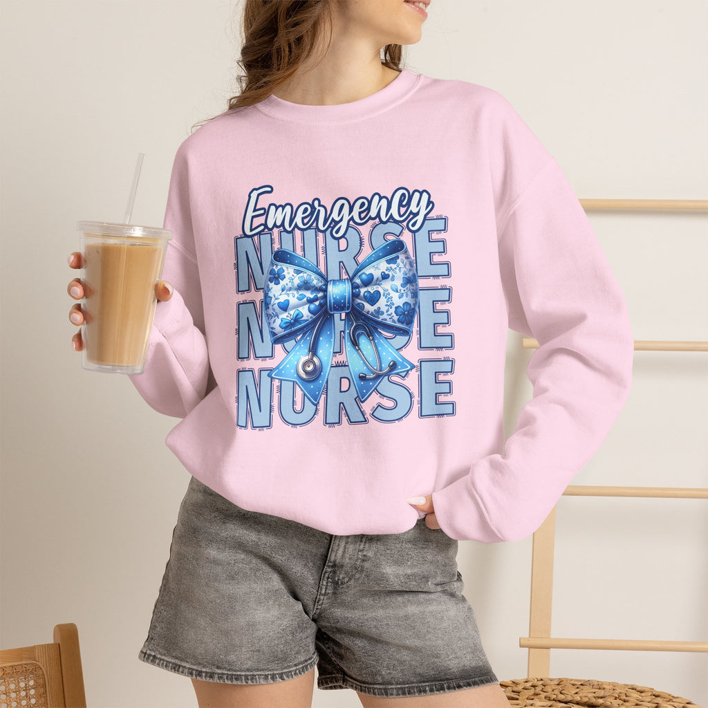 Emergency Nurse Sweatshirt, ER Nurse Blue Bow Shirt, Emergency Room Nurse Gift, RN Sweatshirt, Cute Nurse Apparel, Nursing Gift