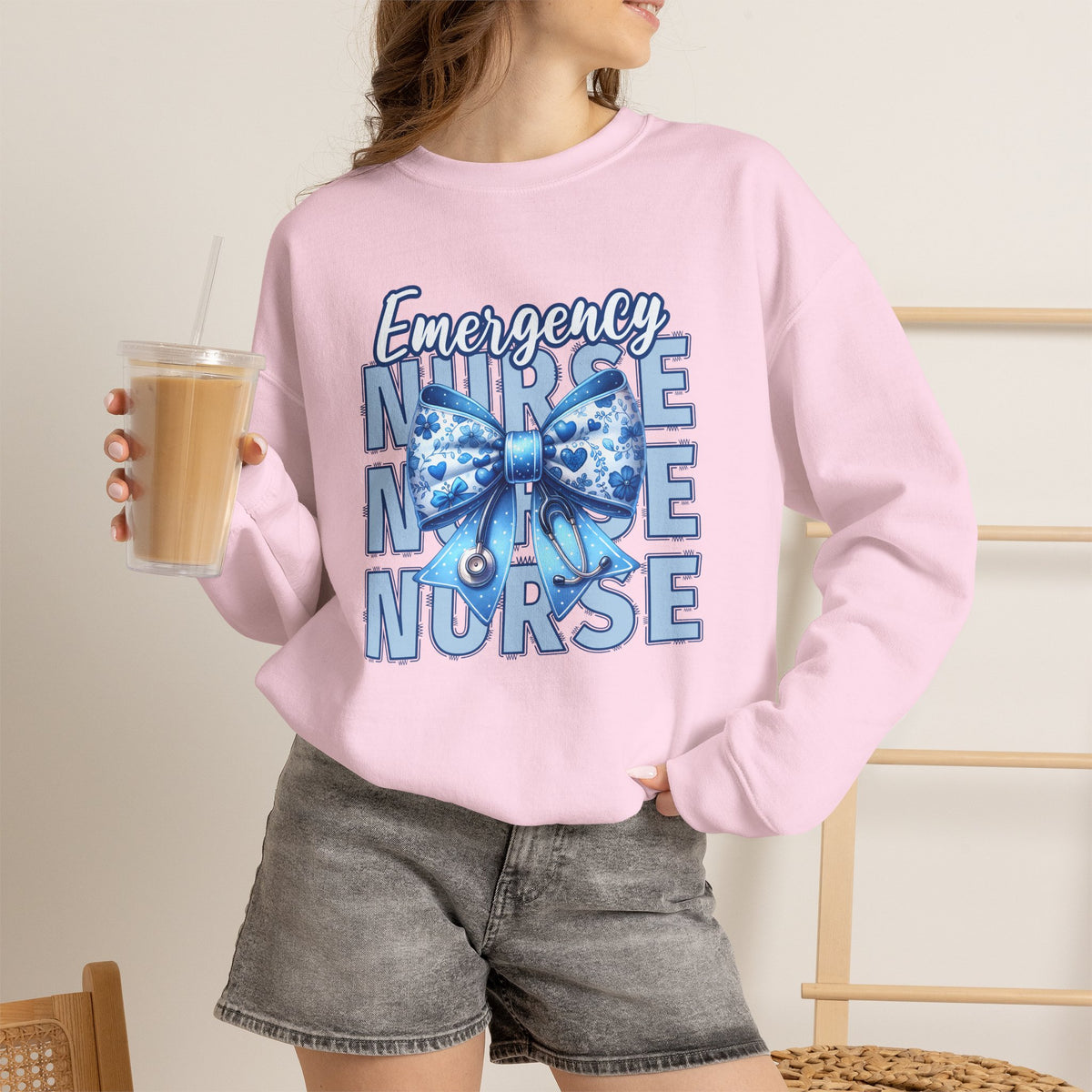 Emergency Nurse Sweatshirt, ER Nurse Blue Bow Shirt, Emergency Room Nurse Gift, RN Sweatshirt, Cute Nurse Apparel, Nursing Gift