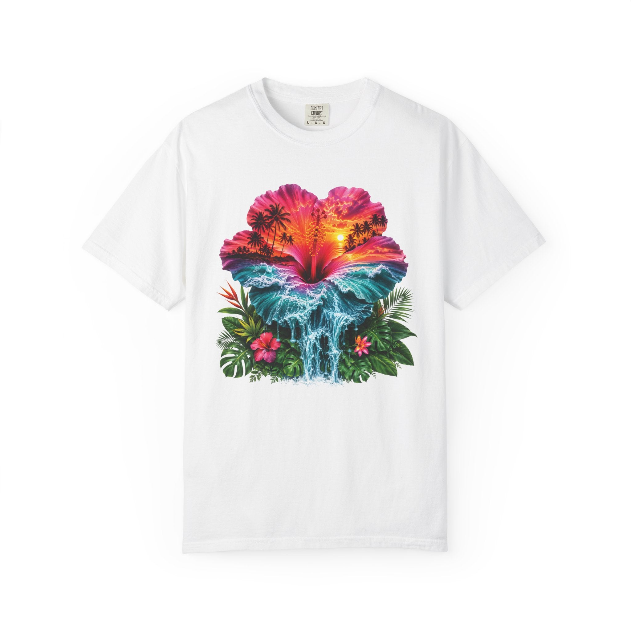 T Shirt Tropical Hibiscus Waterfall Sunset Graphic Tee