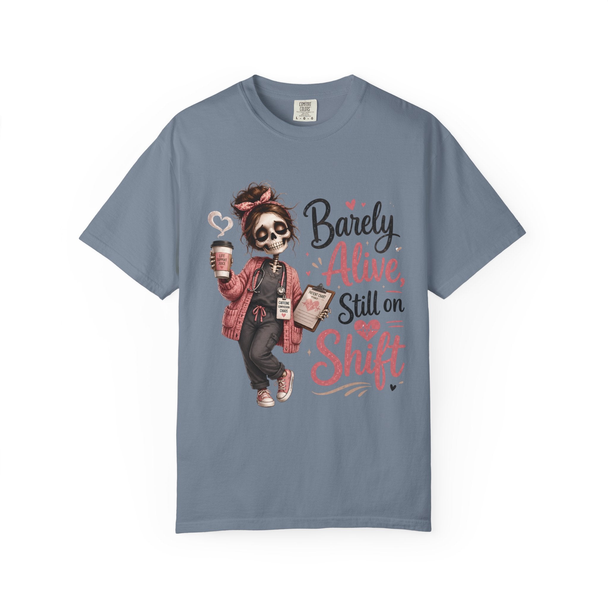T Shirt Barely Alive Still on Shift Skeleton Barista Graphic Tee