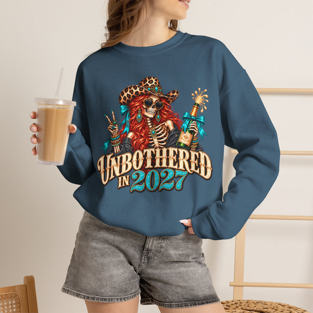 Unbothered in 2027 Sweatshirt, Funny New Years Shirt, Western Cowgirl Skeleton Crewneck, Sassy New Year Outfit, Leopard Print Gift