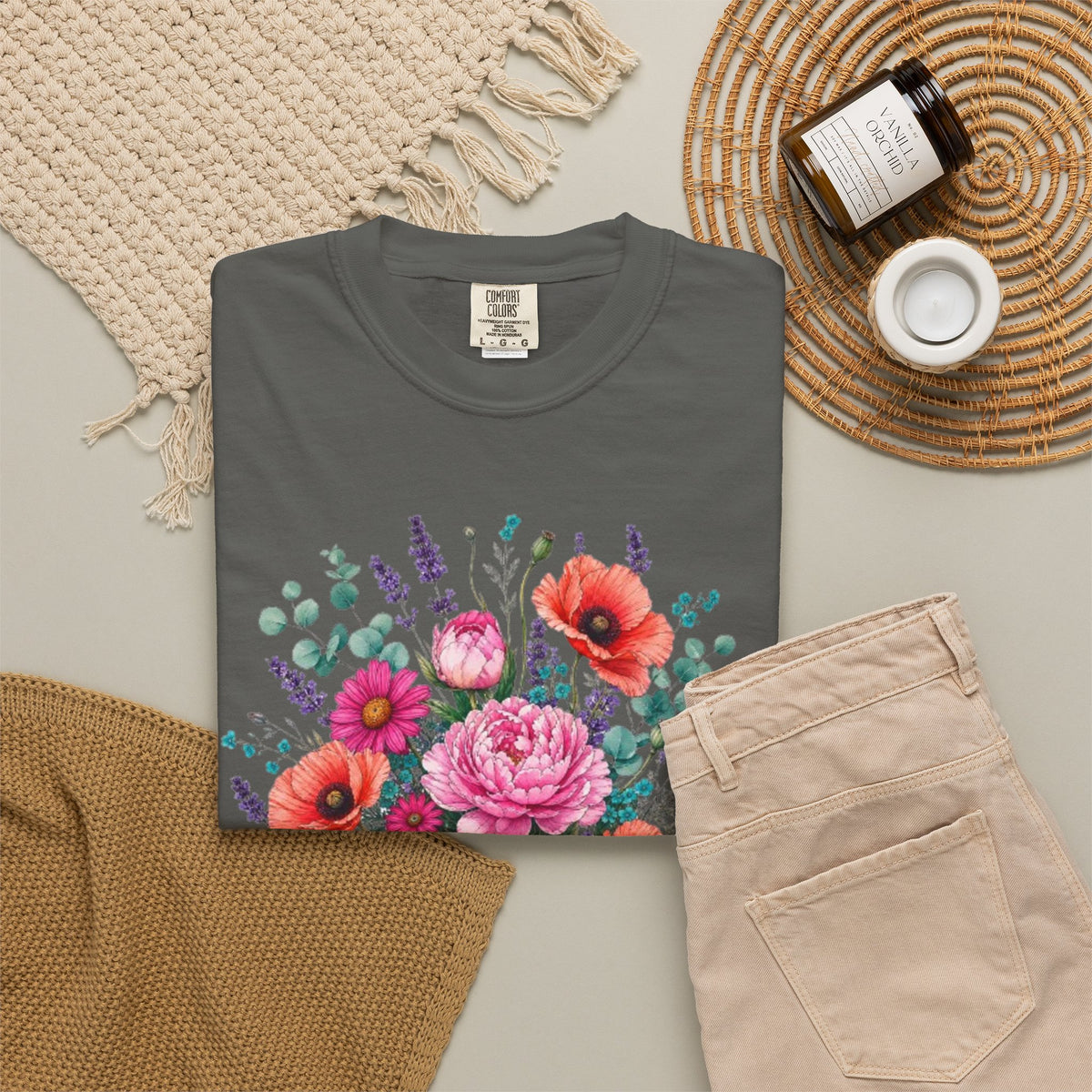 Floral Bouquet T Shirt  Pink Peony and Poppy Garden Tee