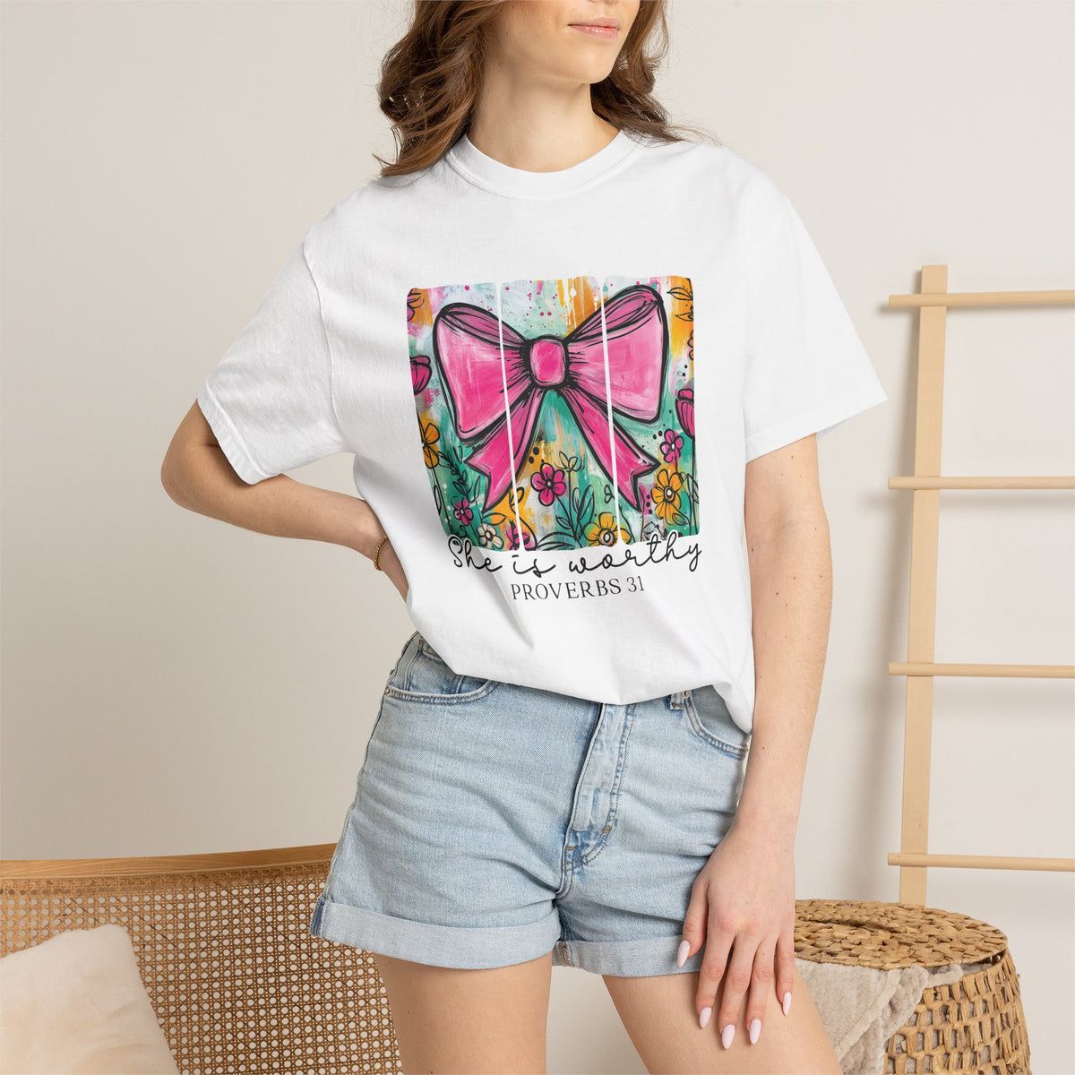 Pink Bow Floral Illustration Tee Shirt | She is Worthy Proverbs 31 Christian Tee