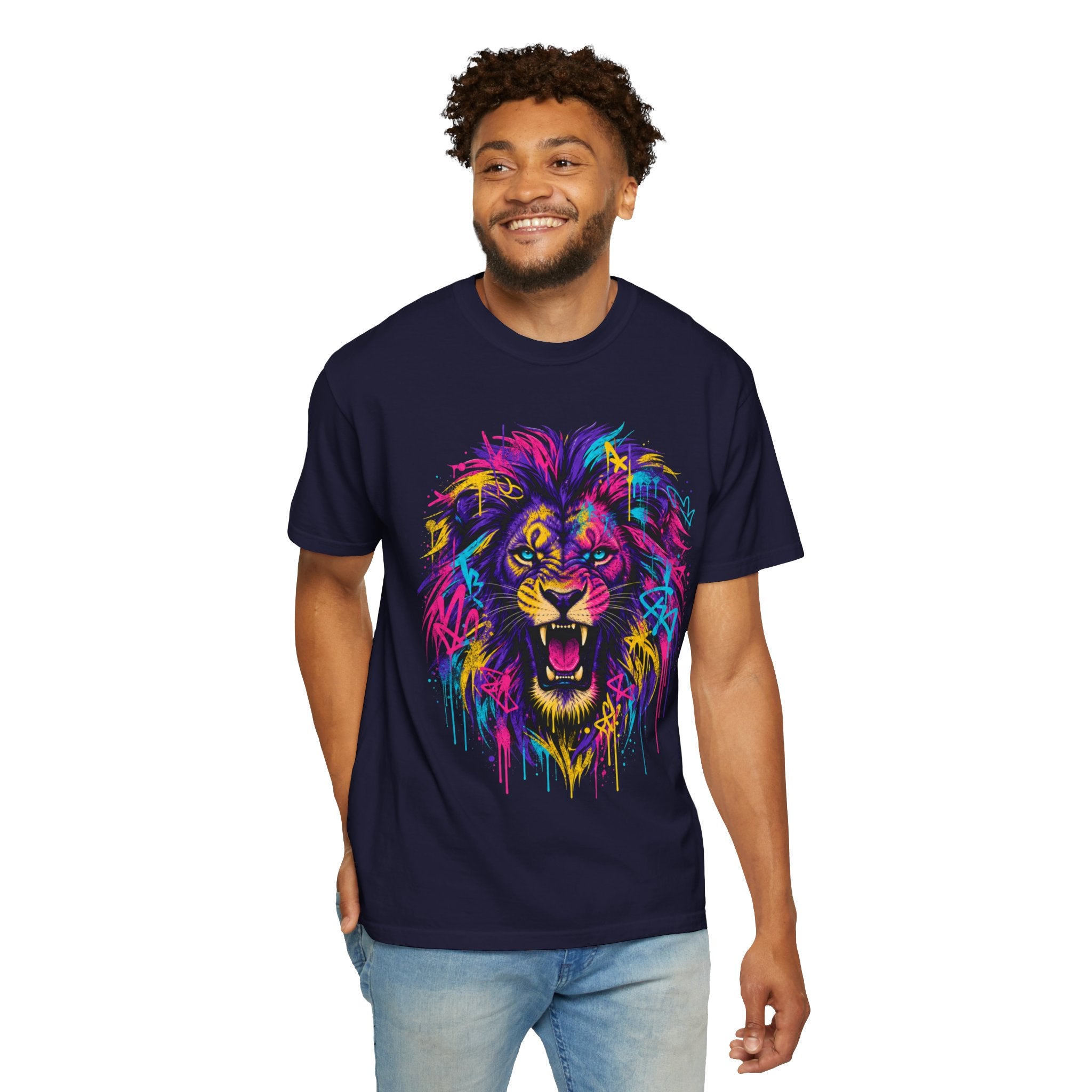 Colorful Roaring Lion T Shirt Vibrant Neon Animal Graphic Tee