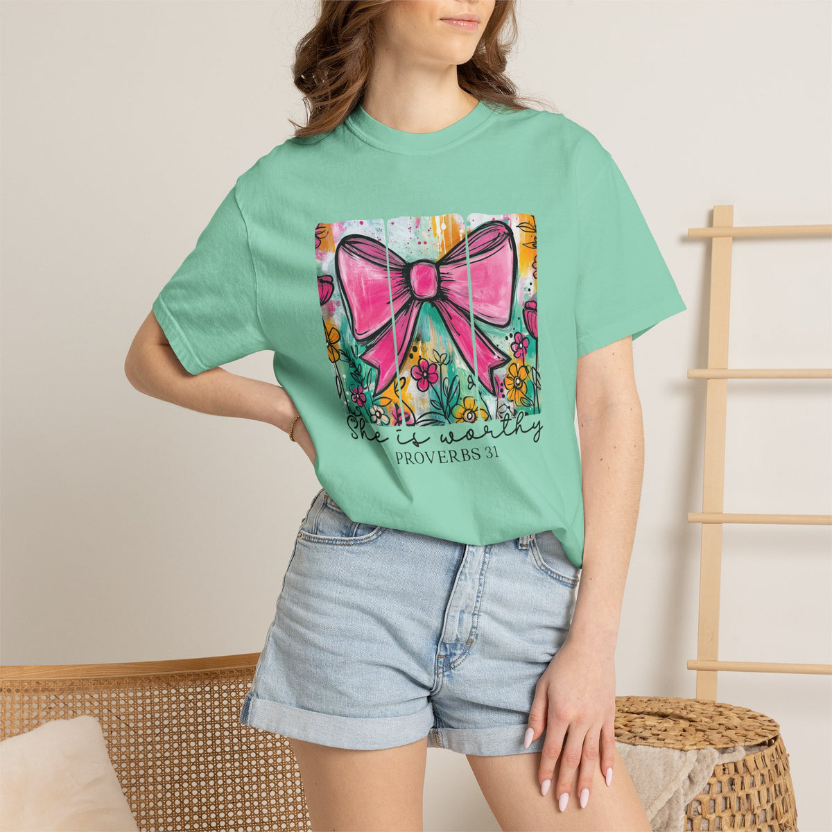 Pink Bow Floral Illustration Tee Shirt | She is Worthy Proverbs 31 Christian Tee