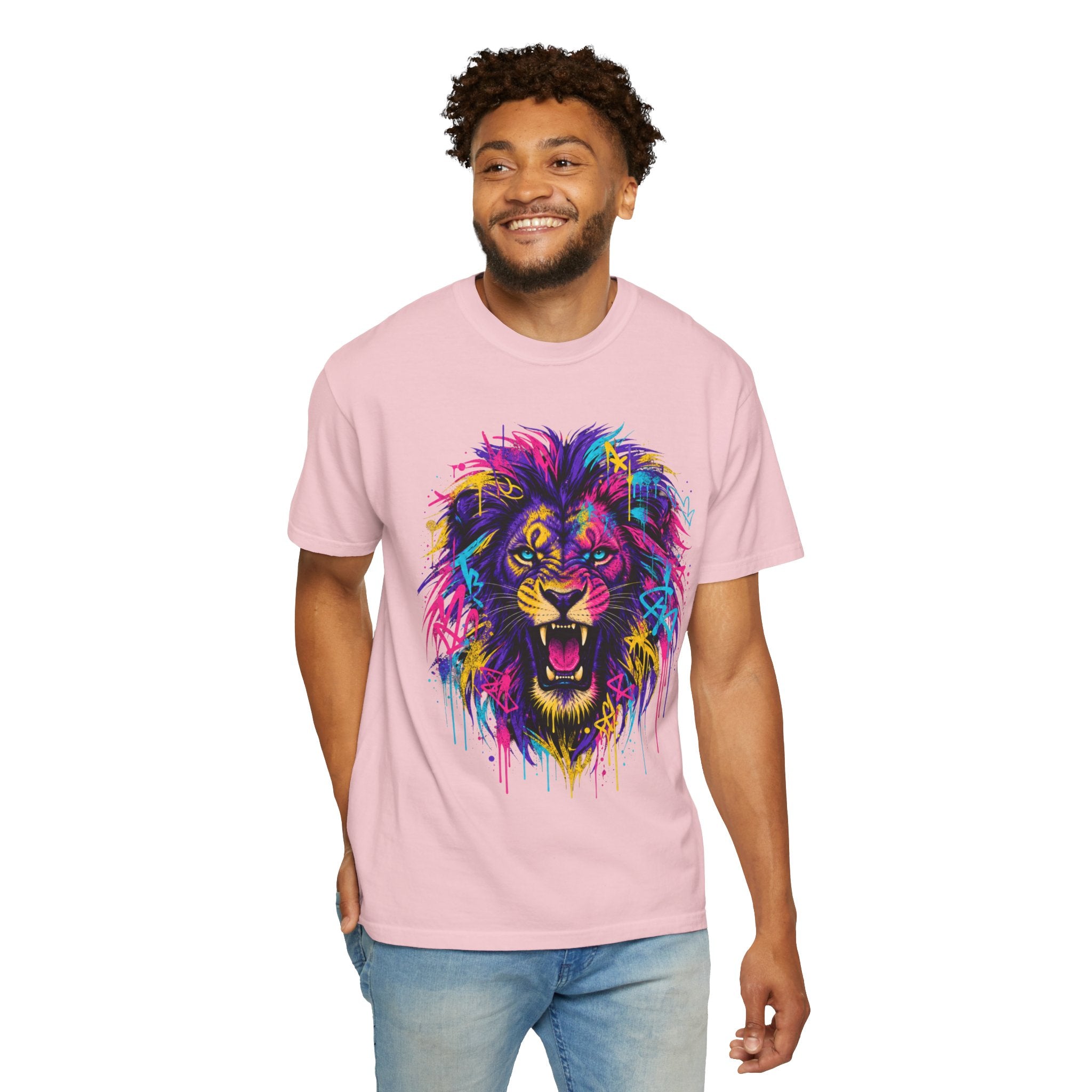 Colorful Roaring Lion T Shirt Vibrant Neon Animal Graphic Tee