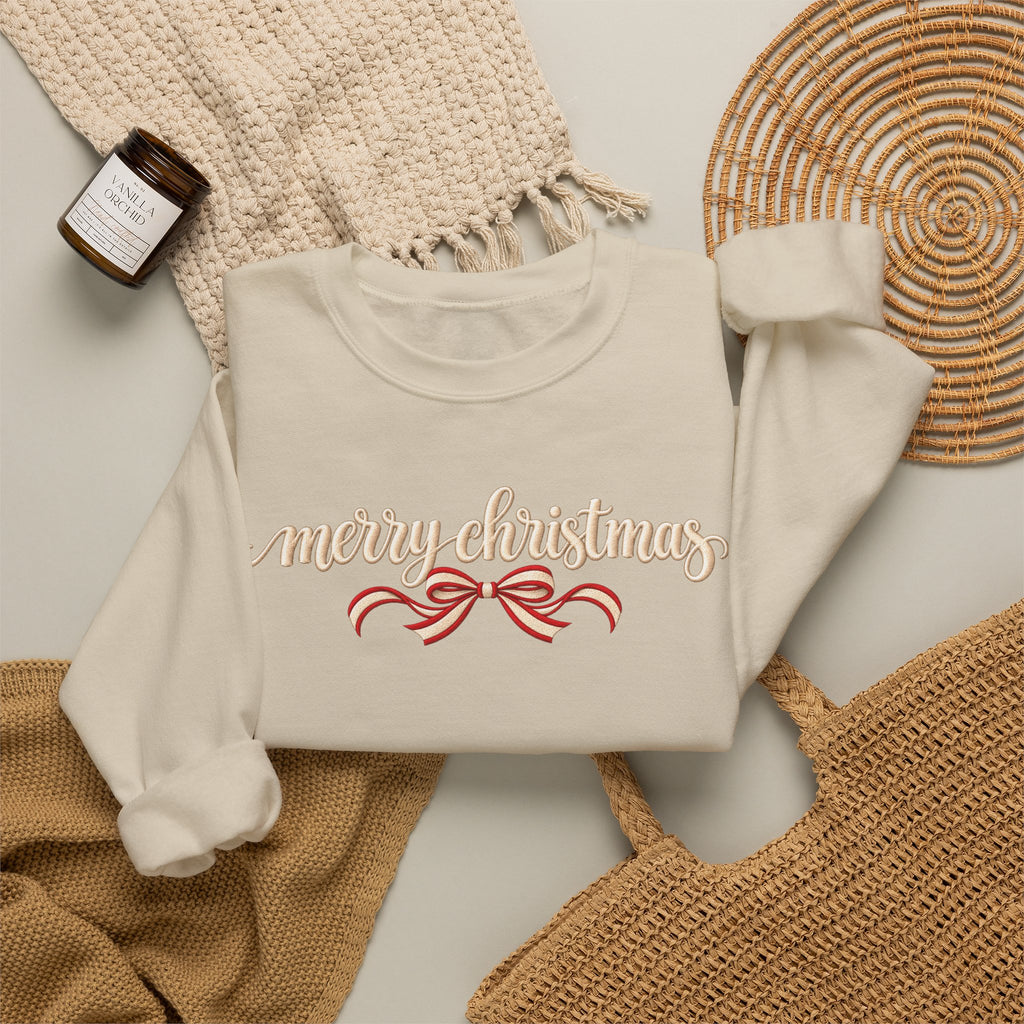Merry Christmas Bow Sweatshirt, Coquette Christmas Crewneck, Minimalist Holiday Sweater, Cute Christmas Shirt, Christmas Gift for Her