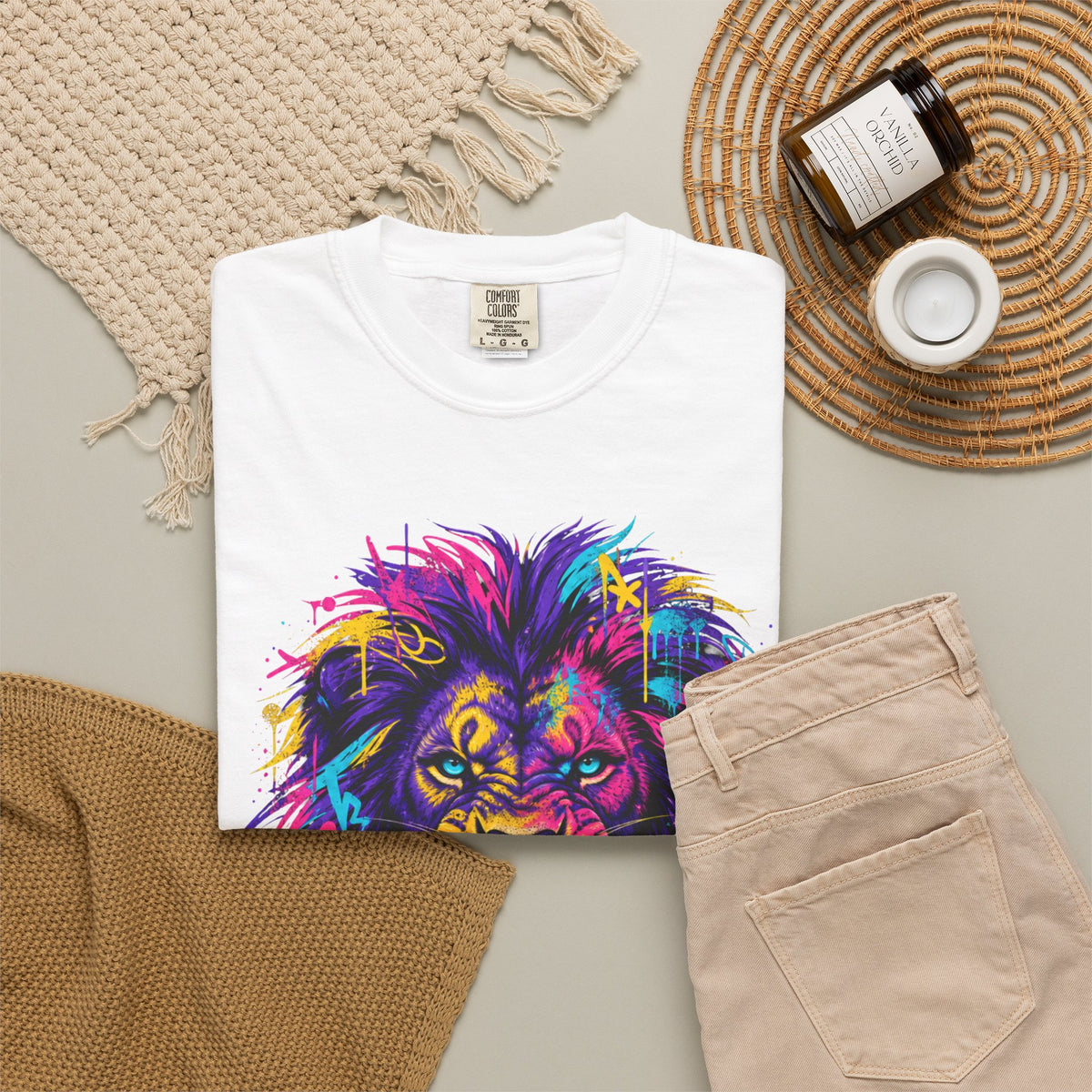 Colorful Roaring Lion T Shirt Vibrant Neon Animal Graphic Tee