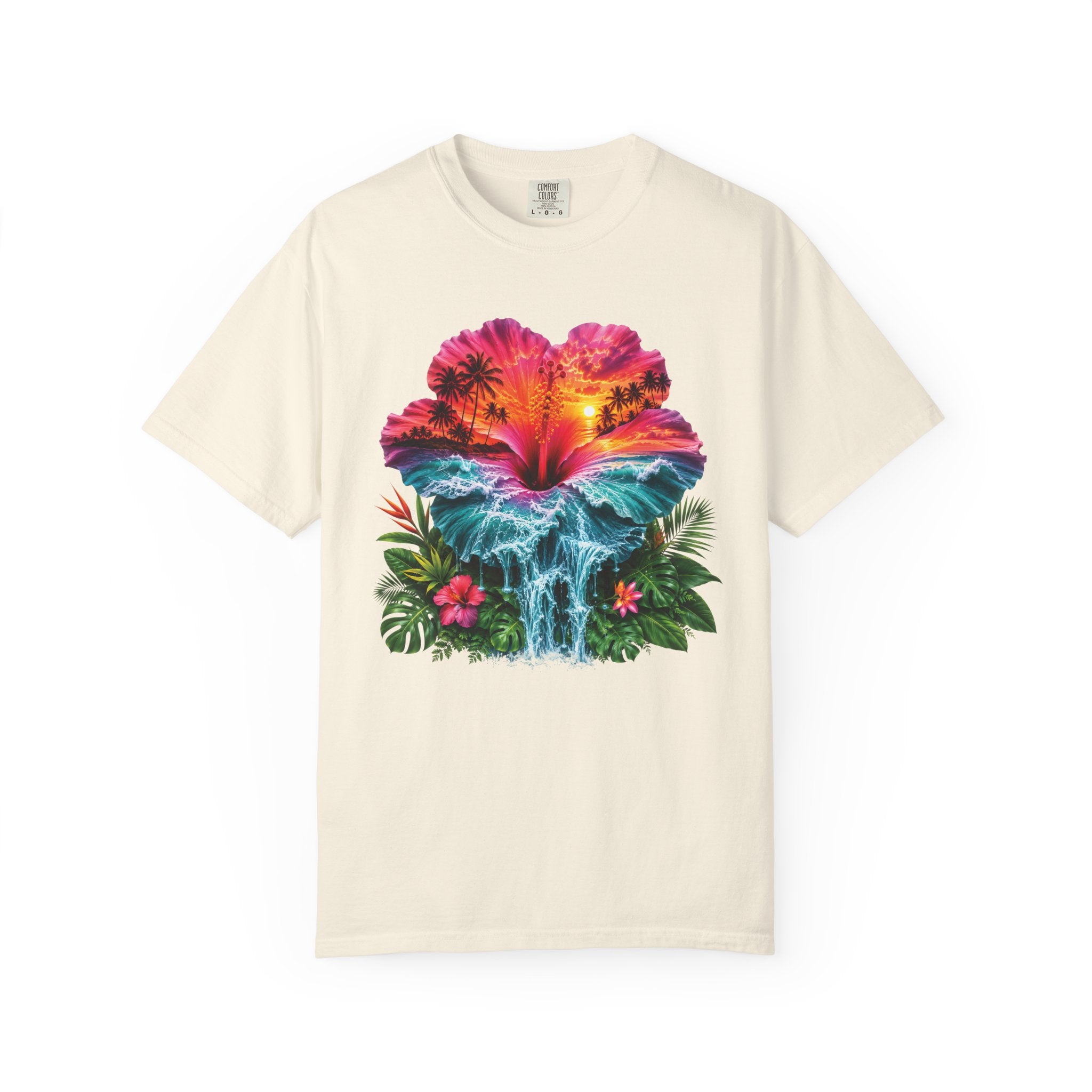 T Shirt Tropical Hibiscus Waterfall Sunset Graphic Tee