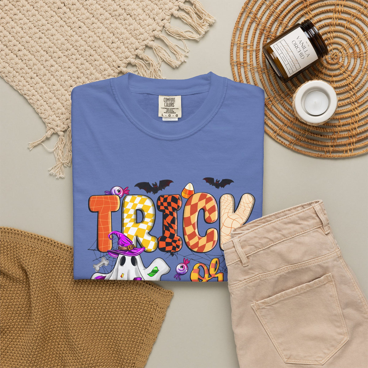 Trick or Treat Halloween T Shirt Cute Ghost Pumpkin and Candy Graphic Tee