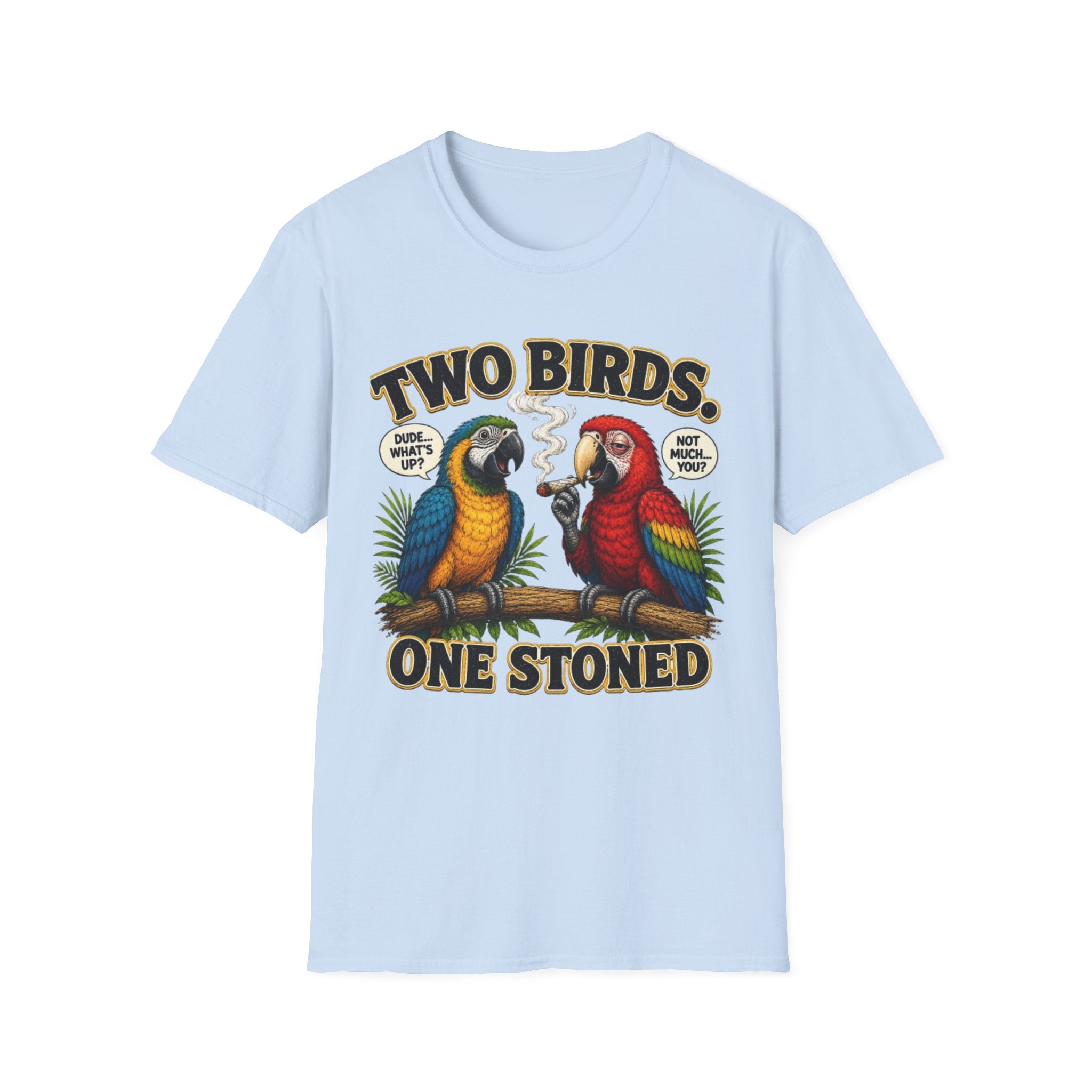 Parrot Graphic Tee Two Birds. One Stoned. Vintage Cannabis Humor T-Shirt