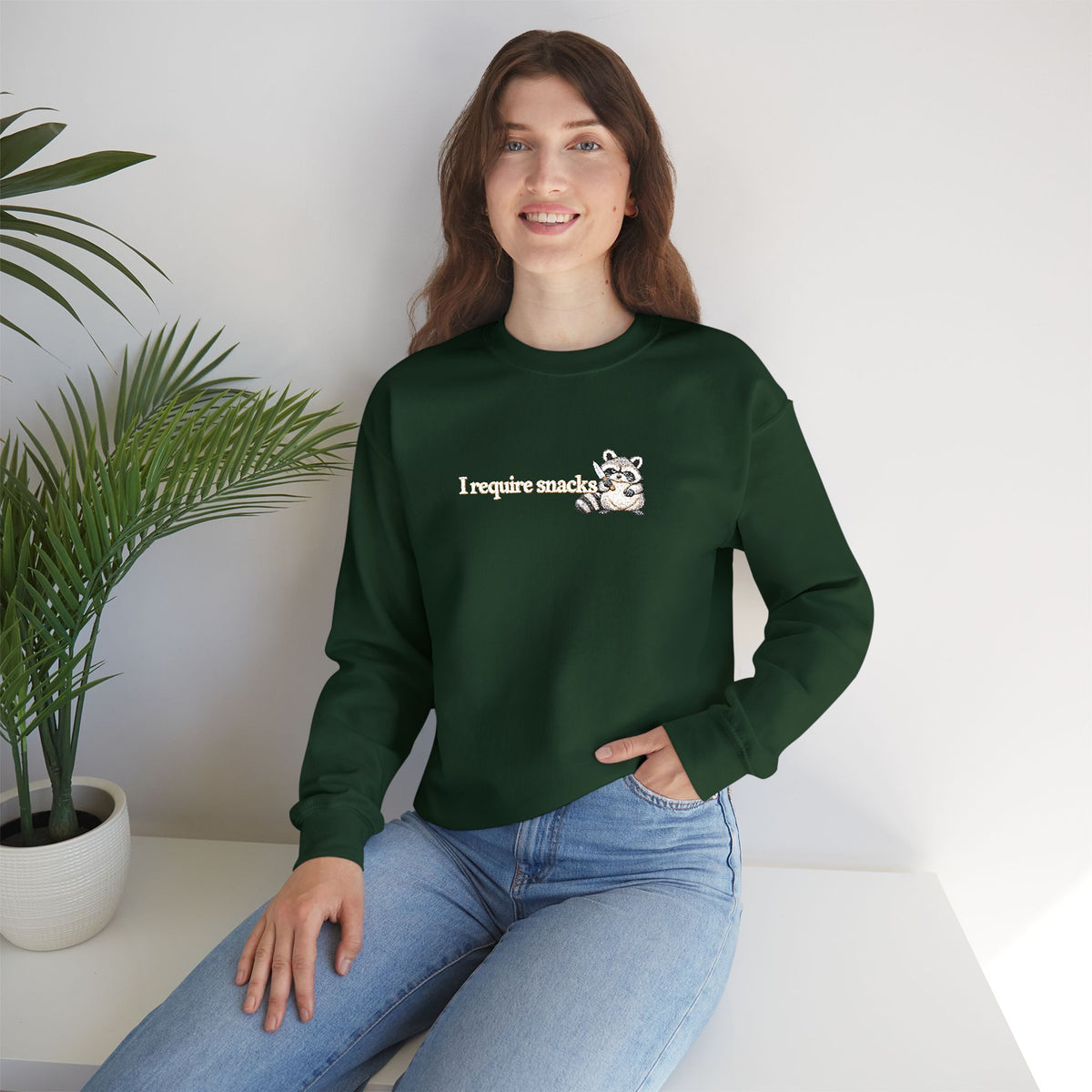I Require Snacks Embroidered Sweatshirt, Funny Raccoon Sweatshirt, Minimalist Embroidery, Sarcastic Animal Lover Gift, Cozy Crewneck
