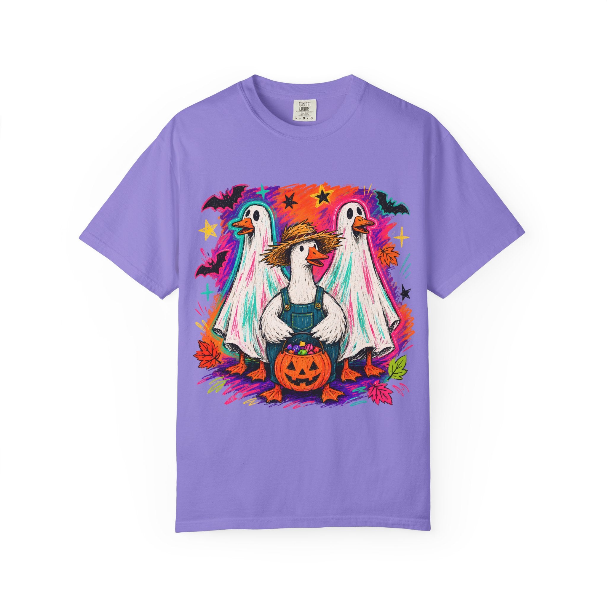 Halloween Goose T Shirt Cute Goose in Ghost Costume with Pumpkin Illustration