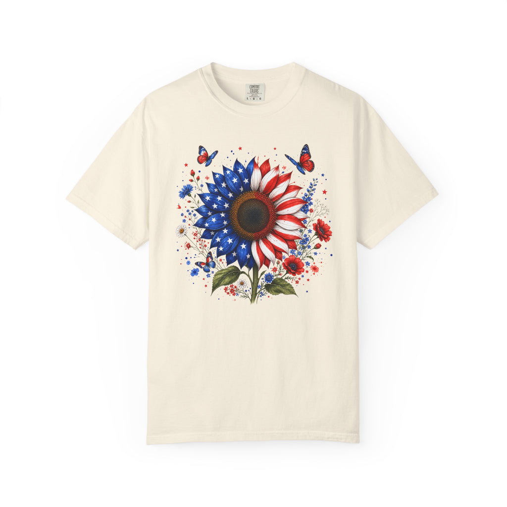 Patriotic Sunflower T Shirt American Flag Floral Tee Fourth of July
