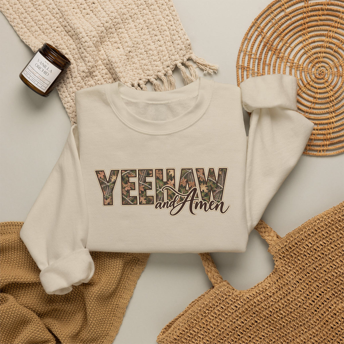 Yeehaw and Amen Camo Sweatshirt, Southern Christian Shirt, Western Cowgirl Sweatshirt, Country Faith Gift, Rustic Graphic Tee