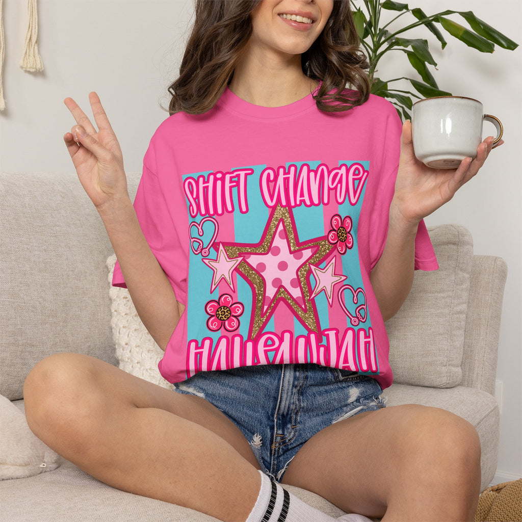 Shift Change Hallelujah T Shirt Cute Pink Star Nurse Worker Tee