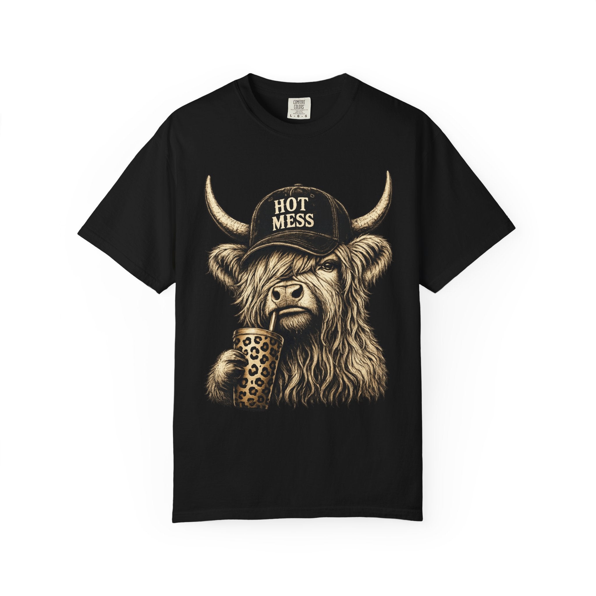 Hot Mess Highland Cow T Shirt Funny Cow with Coffee Graphic