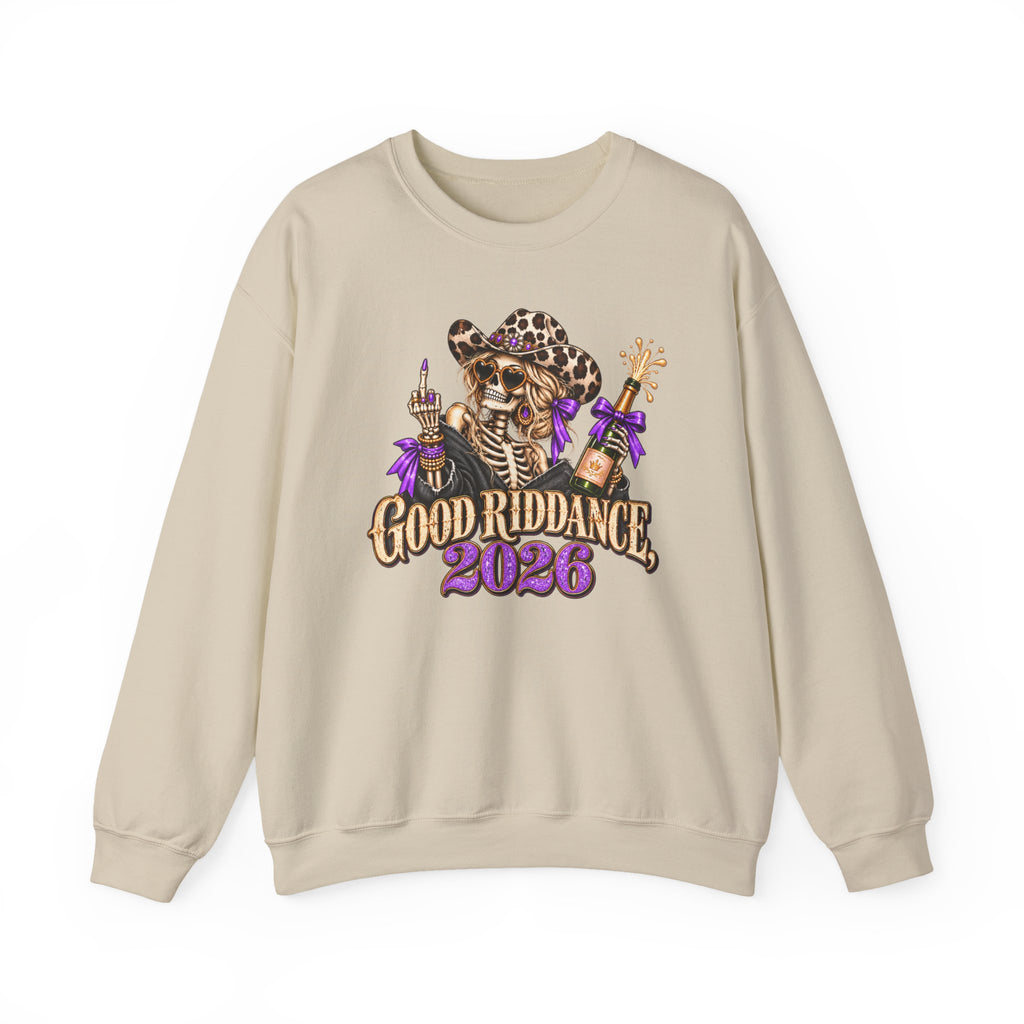 Good Riddance 2026 Sweatshirt, Funny New Years Eve Outfit, Sassy Skeleton Cowgirl Crewneck, Western Leopard Print Shirt, Sarcastic Gift