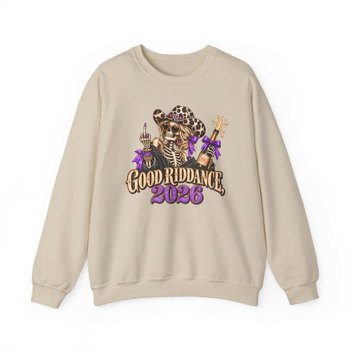 Good Riddance 2026 Sweatshirt, Funny New Years Eve Outfit, Sassy Skeleton Cowgirl Crewneck, Western Leopard Print Shirt, Sarcastic Gift