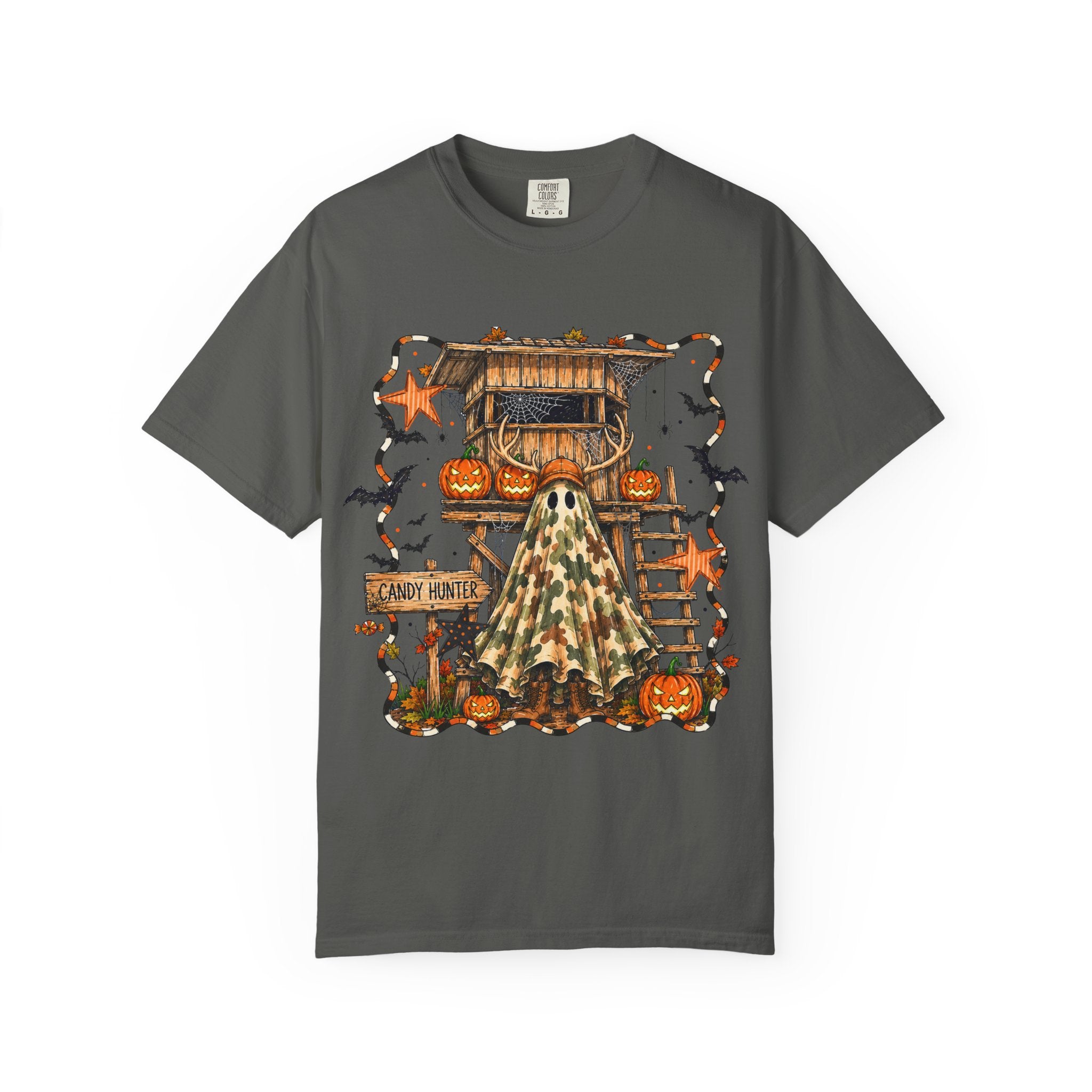 Halloween Ghost Treehouse T-Shirt Front and Back 31 October Camo Pumpkin Tee