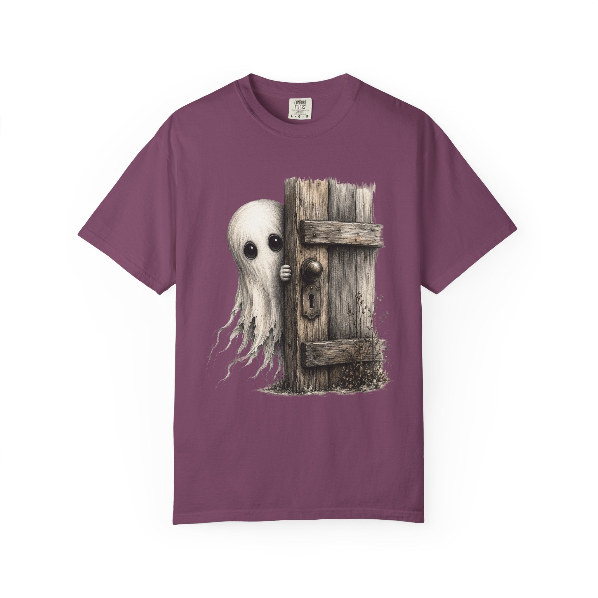 Ghost Peeking Behind Door T Shirt Cute Spooky Halloween Tee