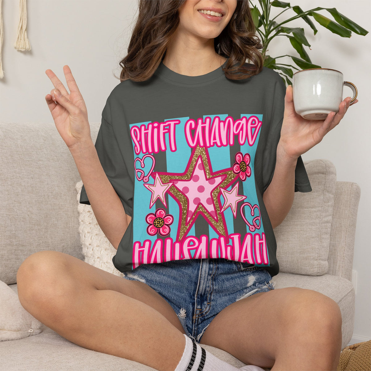 Shift Change Hallelujah T Shirt Cute Pink Star Nurse Worker Tee