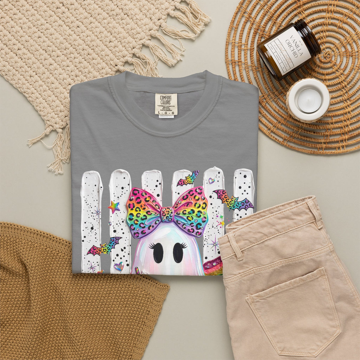 Halloween Rainbow Ghost T Shirt Cute Glittery Ghost with Rainbow Bow and Pumpkins