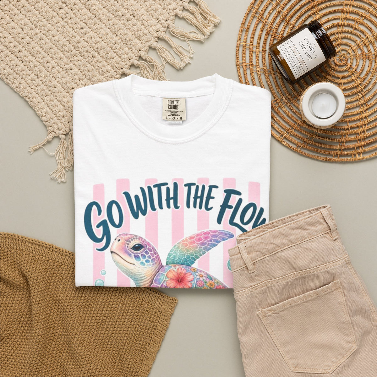 T-Shirt Go With The Flow Floral Sea Turtle Graphic Tee