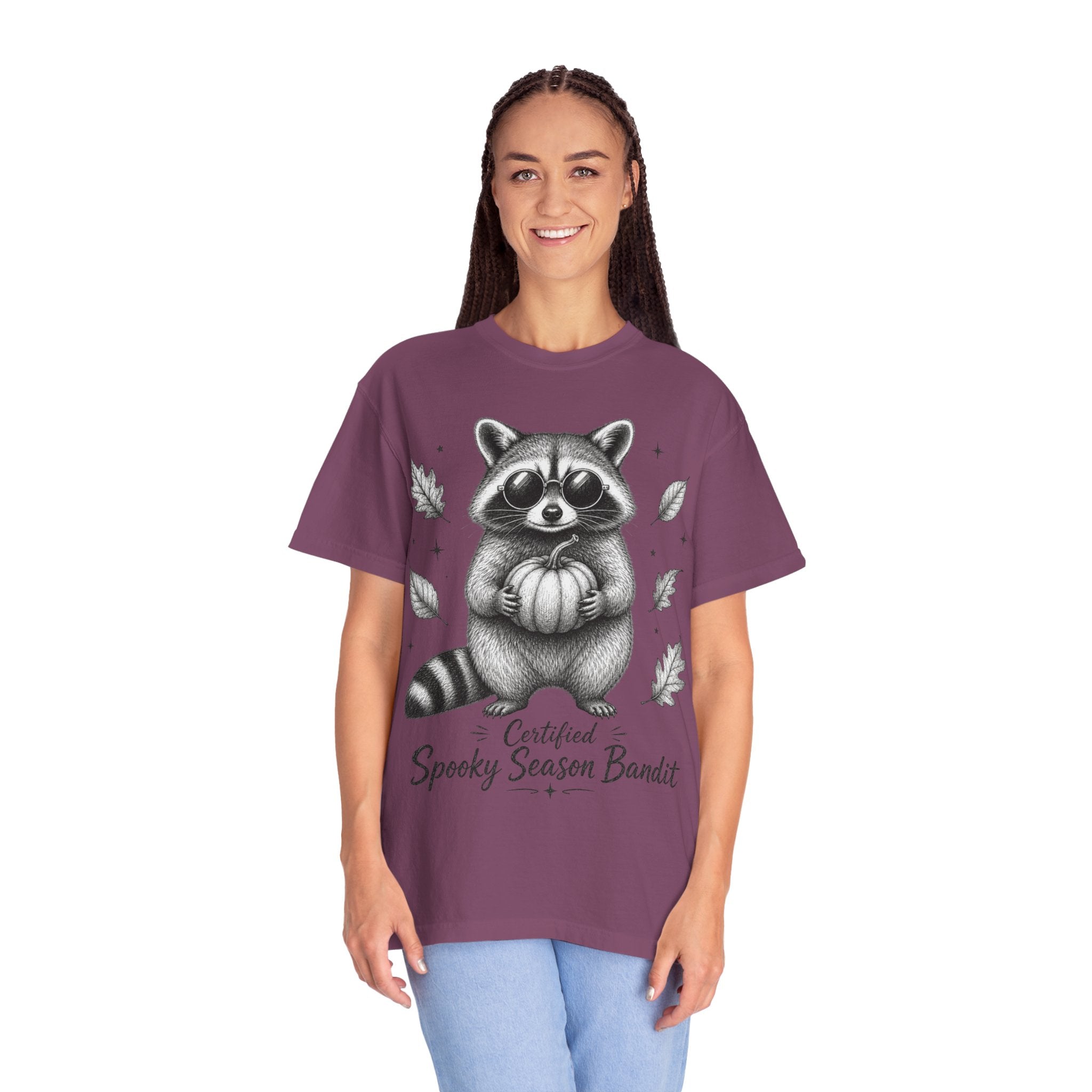 Spooky Season Bandit T Shirt Cute Raccoon Holding Pumpkin Fall Tee