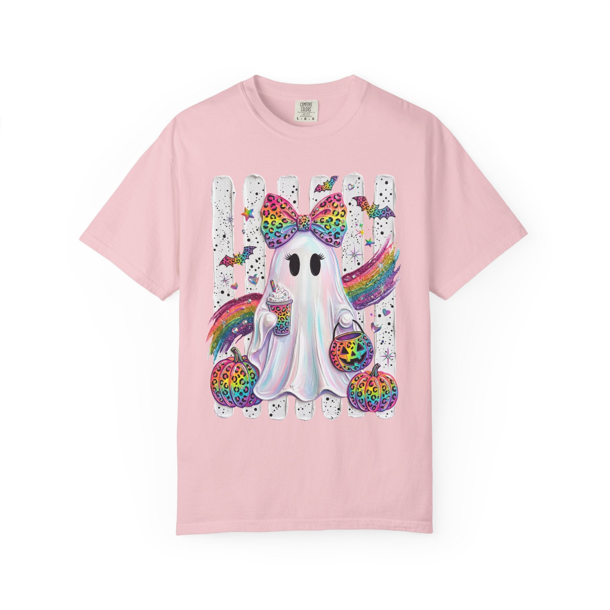 Halloween Rainbow Ghost T Shirt Cute Glittery Ghost with Rainbow Bow and Pumpkins