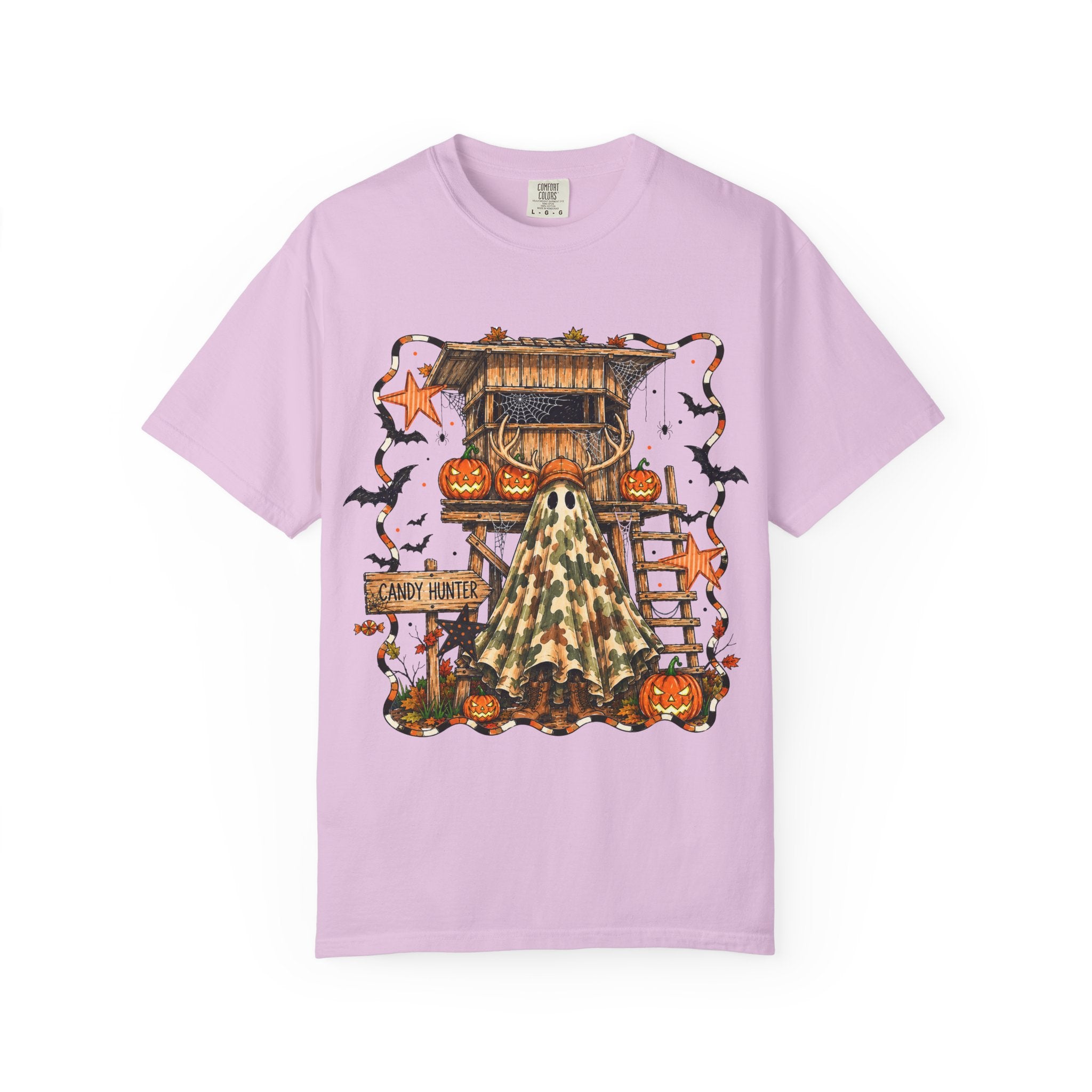 Halloween Ghost Treehouse T-Shirt Front and Back 31 October Camo Pumpkin Tee