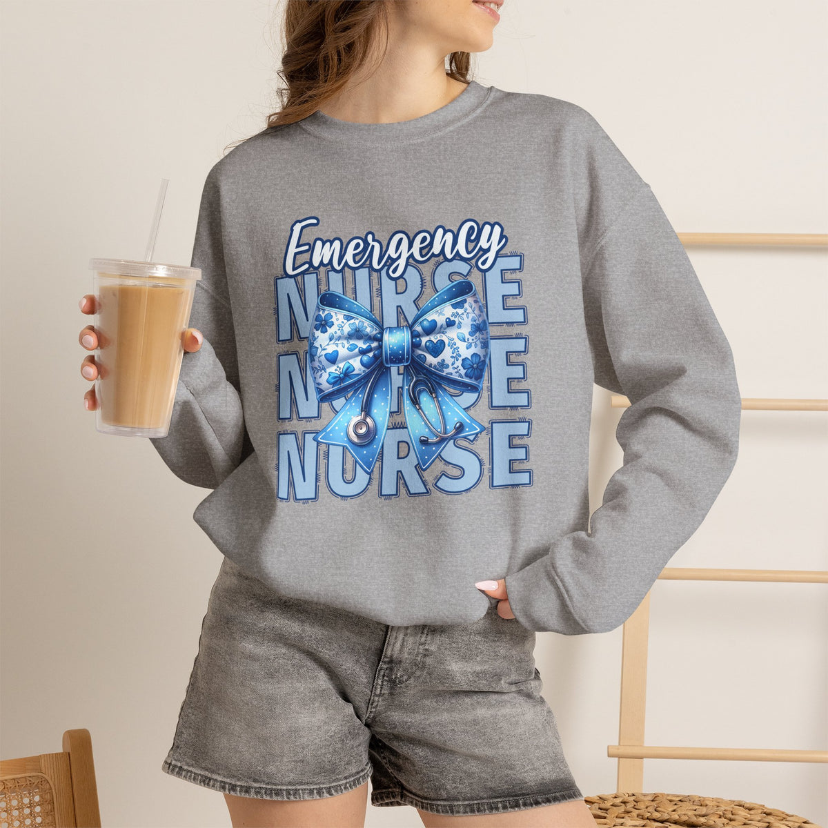 Emergency Nurse Sweatshirt, ER Nurse Blue Bow Shirt, Emergency Room Nurse Gift, RN Sweatshirt, Cute Nurse Apparel, Nursing Gift
