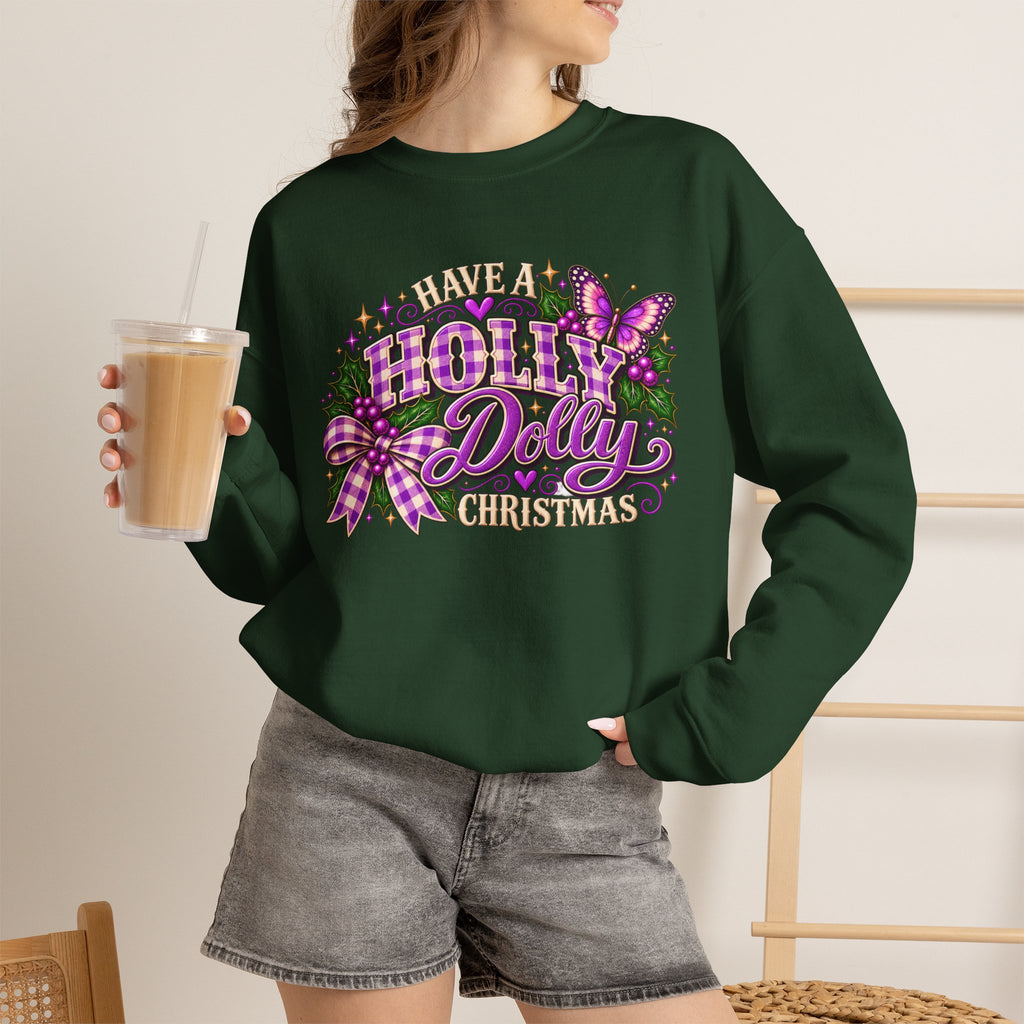Have a Holly Dolly Christmas Sweatshirt, Dolly Inspired Christmas Shirt, Purple Plaid Holiday Sweatshirt, Butterfly Christmas Gift