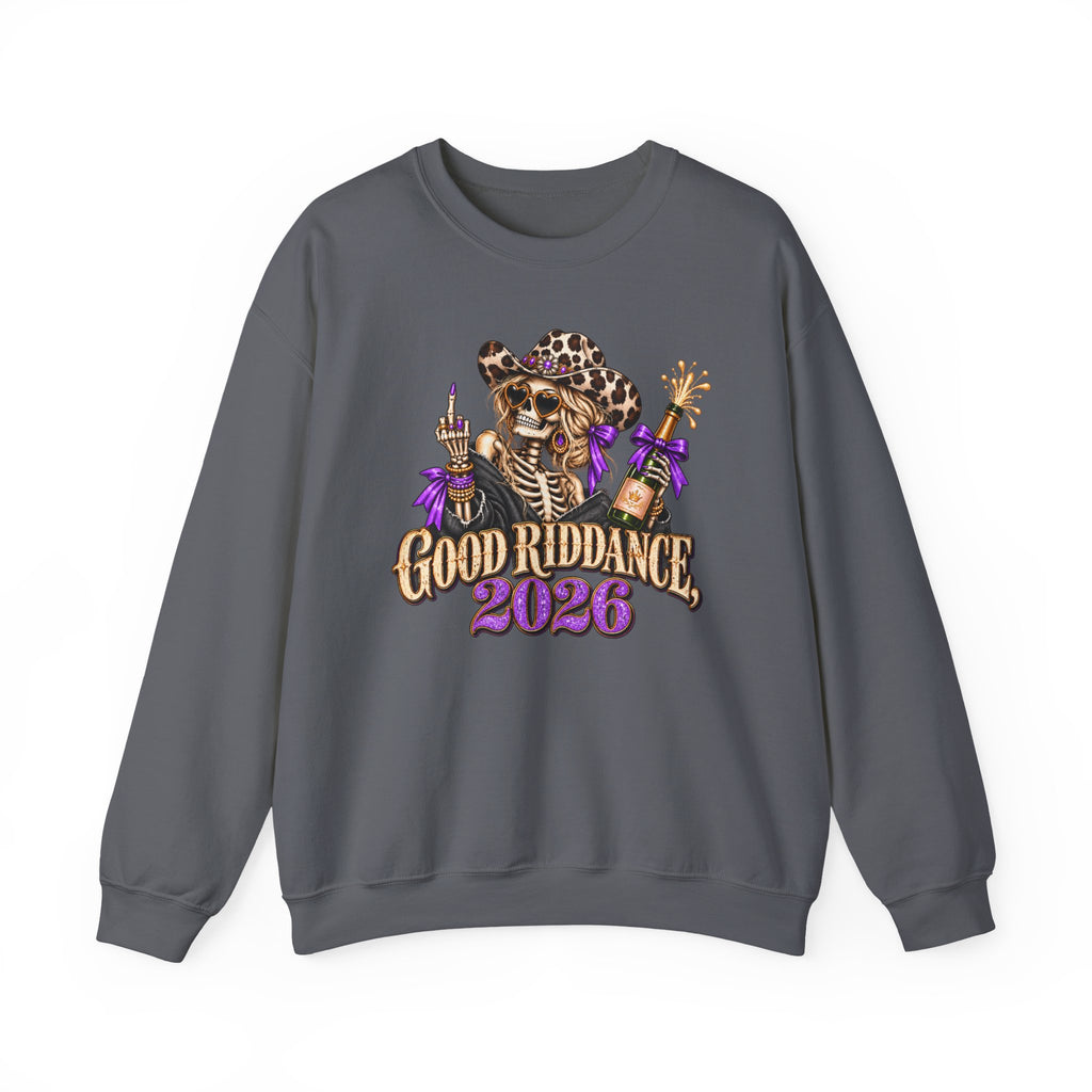 Good Riddance 2026 Sweatshirt, Funny New Years Eve Outfit, Sassy Skeleton Cowgirl Crewneck, Western Leopard Print Shirt, Sarcastic Gift