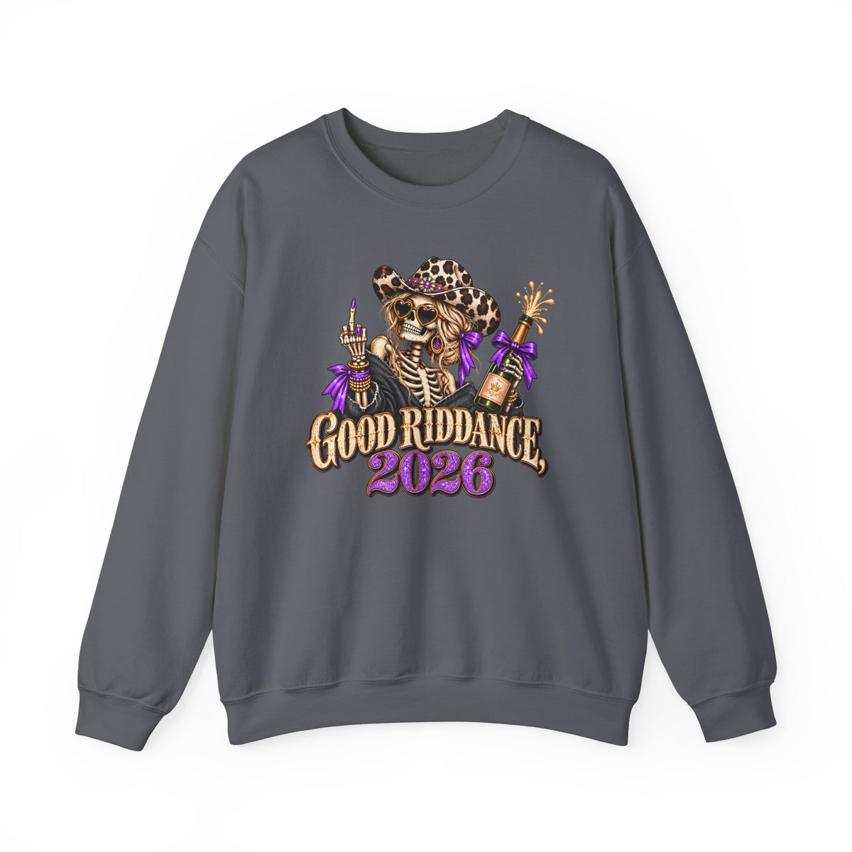 Good Riddance 2026 Sweatshirt, Funny New Years Eve Outfit, Sassy Skeleton Cowgirl Crewneck, Western Leopard Print Shirt, Sarcastic Gift