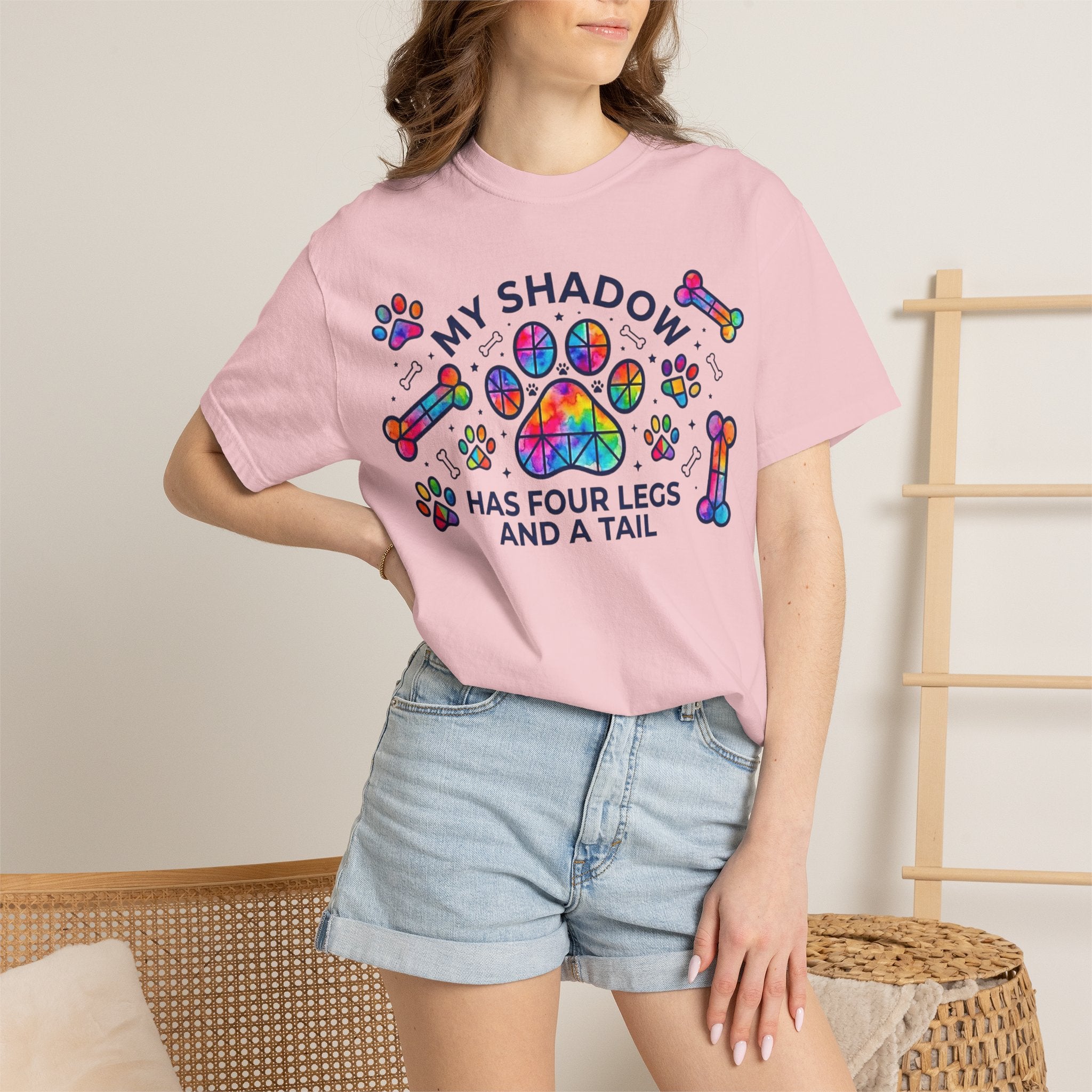 My Shadow Has Four Legs And A Tail T-Shirt Colorful Paw Print Dog Lover Tee