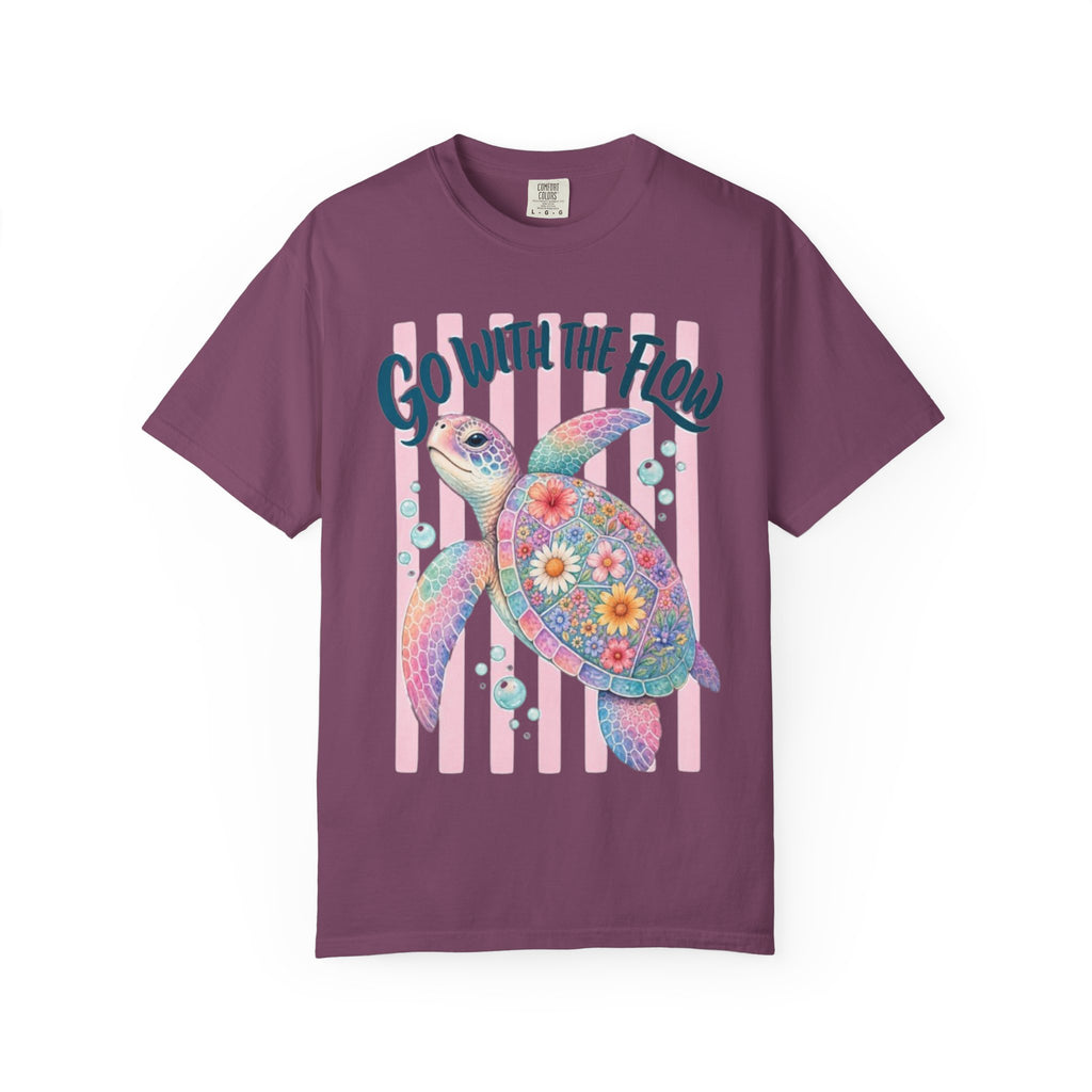 T-Shirt Go With The Flow Floral Sea Turtle Graphic Tee