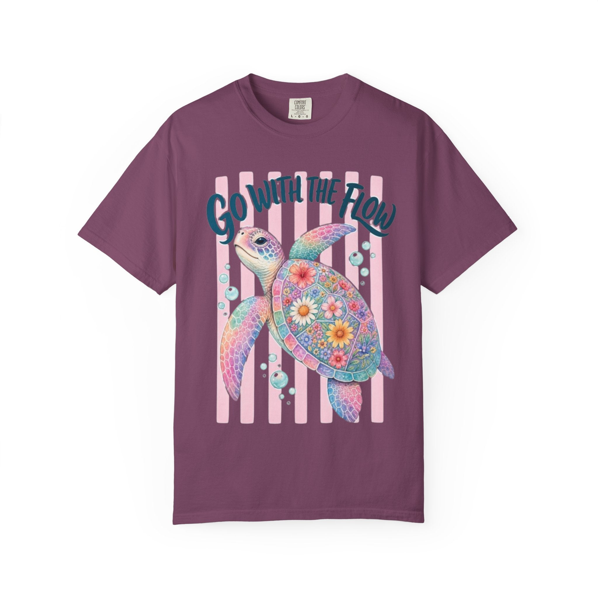 T-Shirt Go With The Flow Floral Sea Turtle Graphic Tee